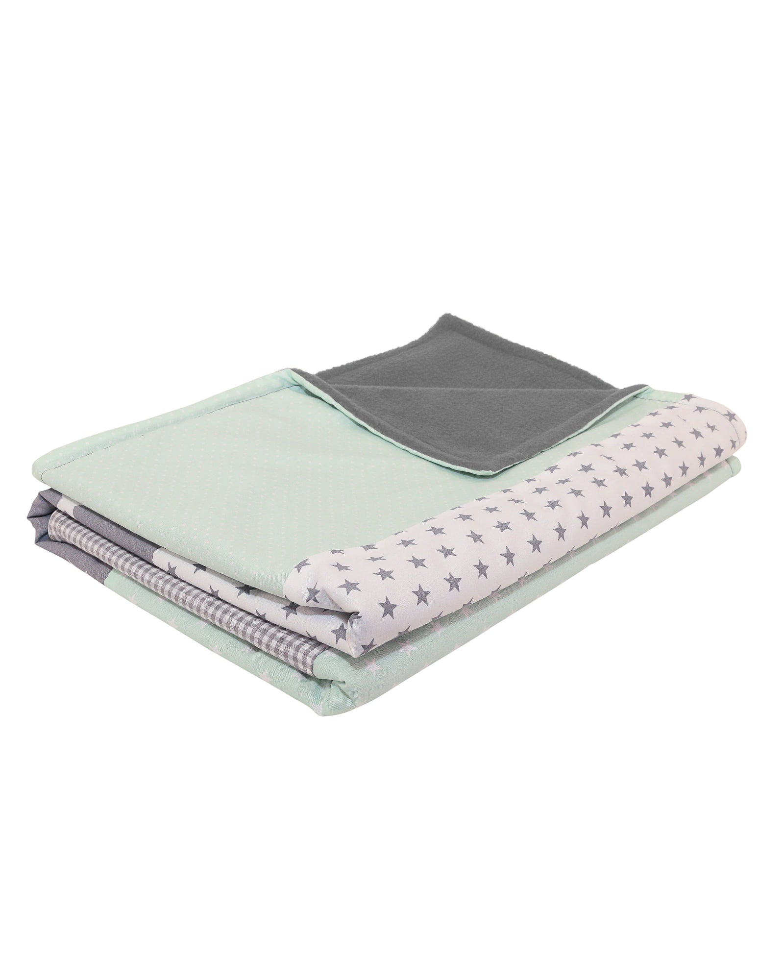 Kuschelige Babydecke in Mint und Grau mit Sternen- und Pünktchenmuster, weich gefaltet.