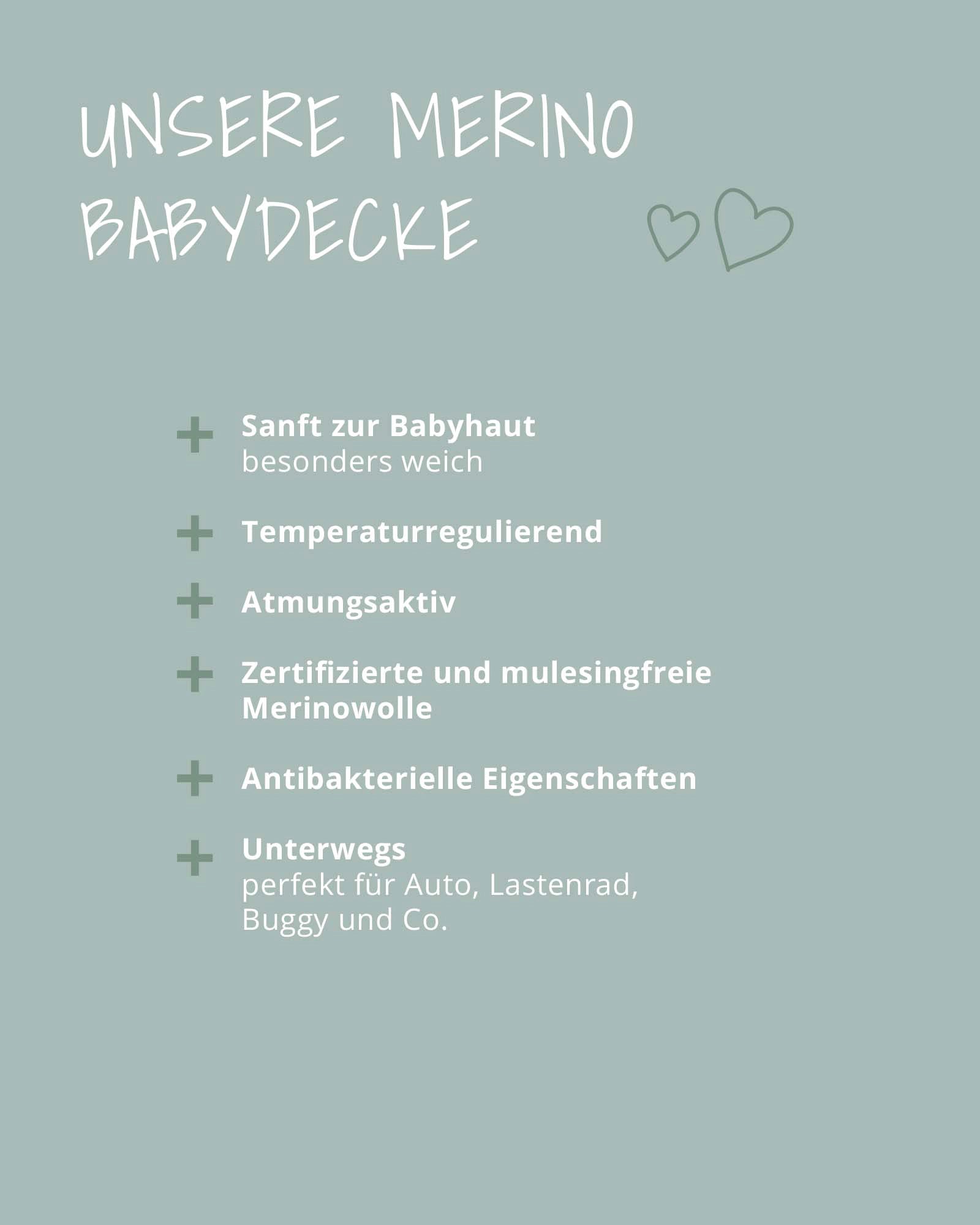 Text overlay on a sage green background listing features of a merino baby blanket.