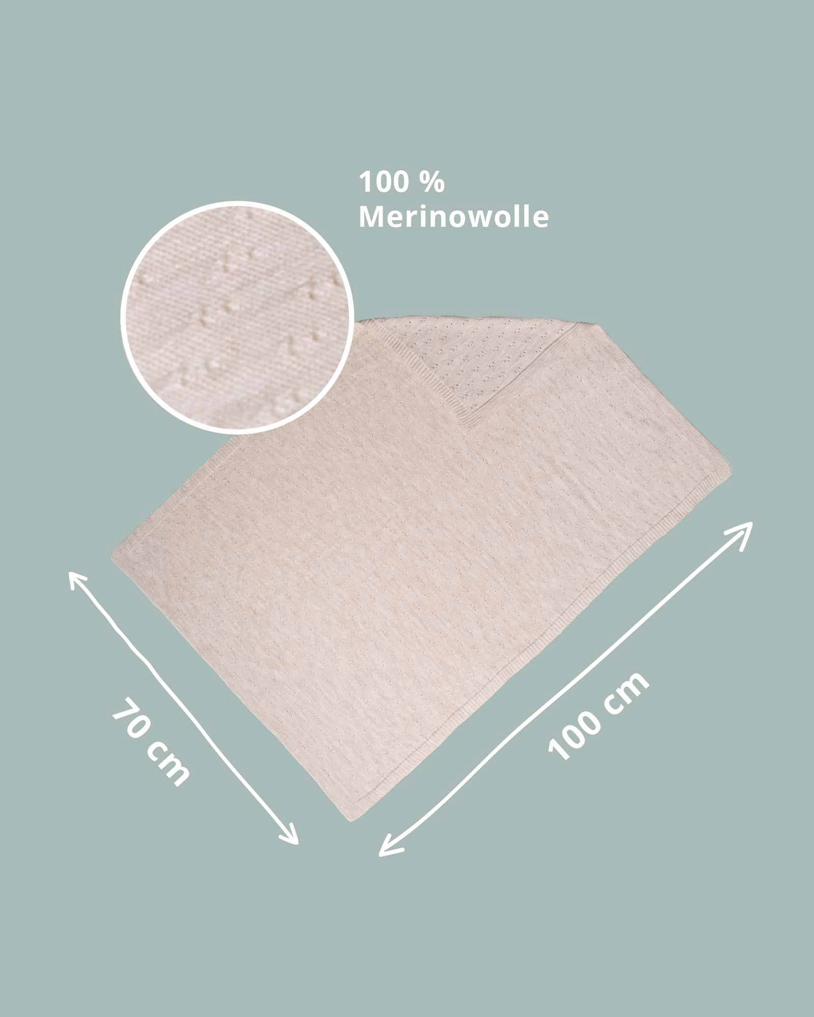 Cream 100% Merino wool baby blanket, 70x100 cm, with a subtle textured knit.