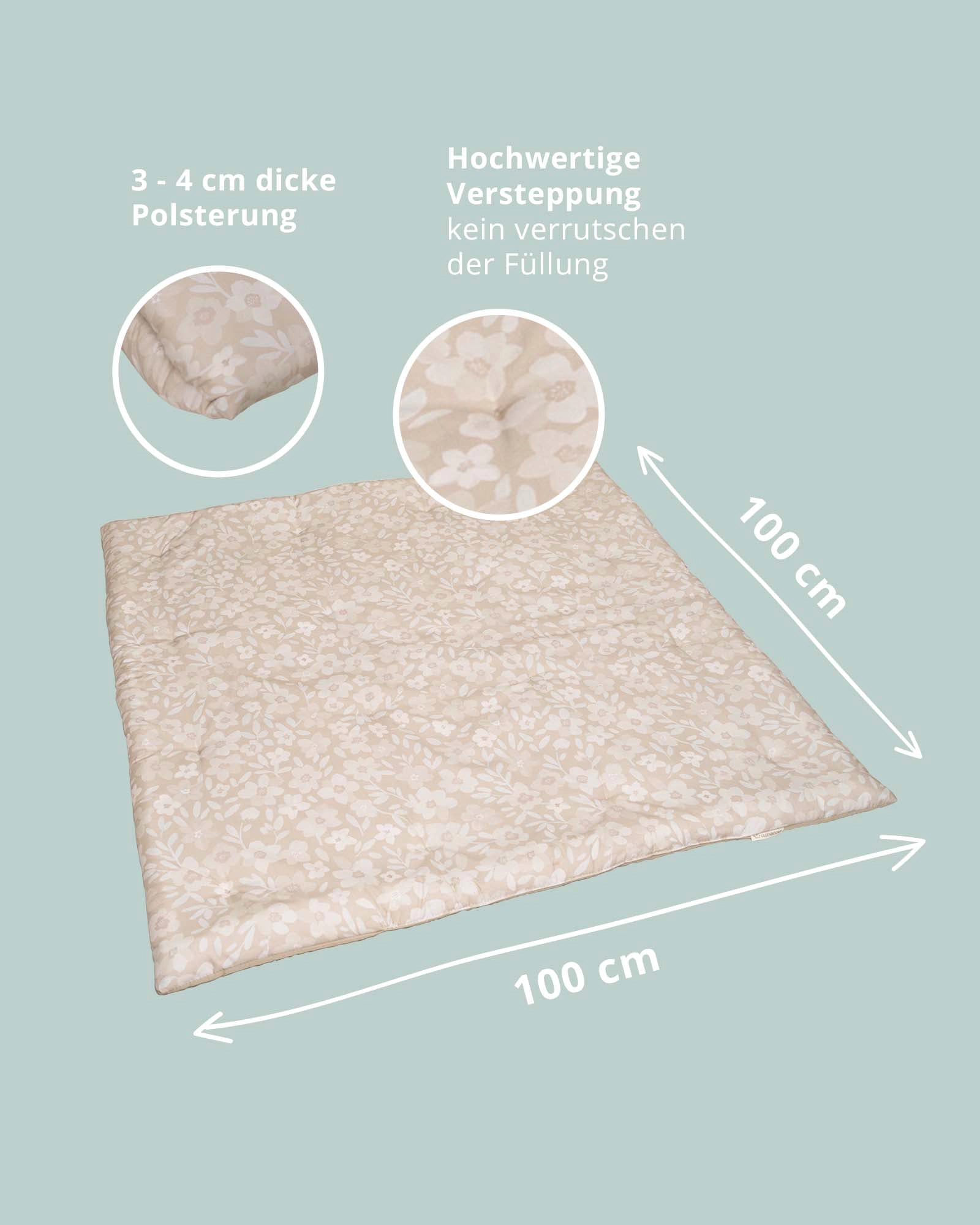 Beige baby play mat with delicate white floral pattern, 100x100cm, 3-4cm thick, quilted cotton.