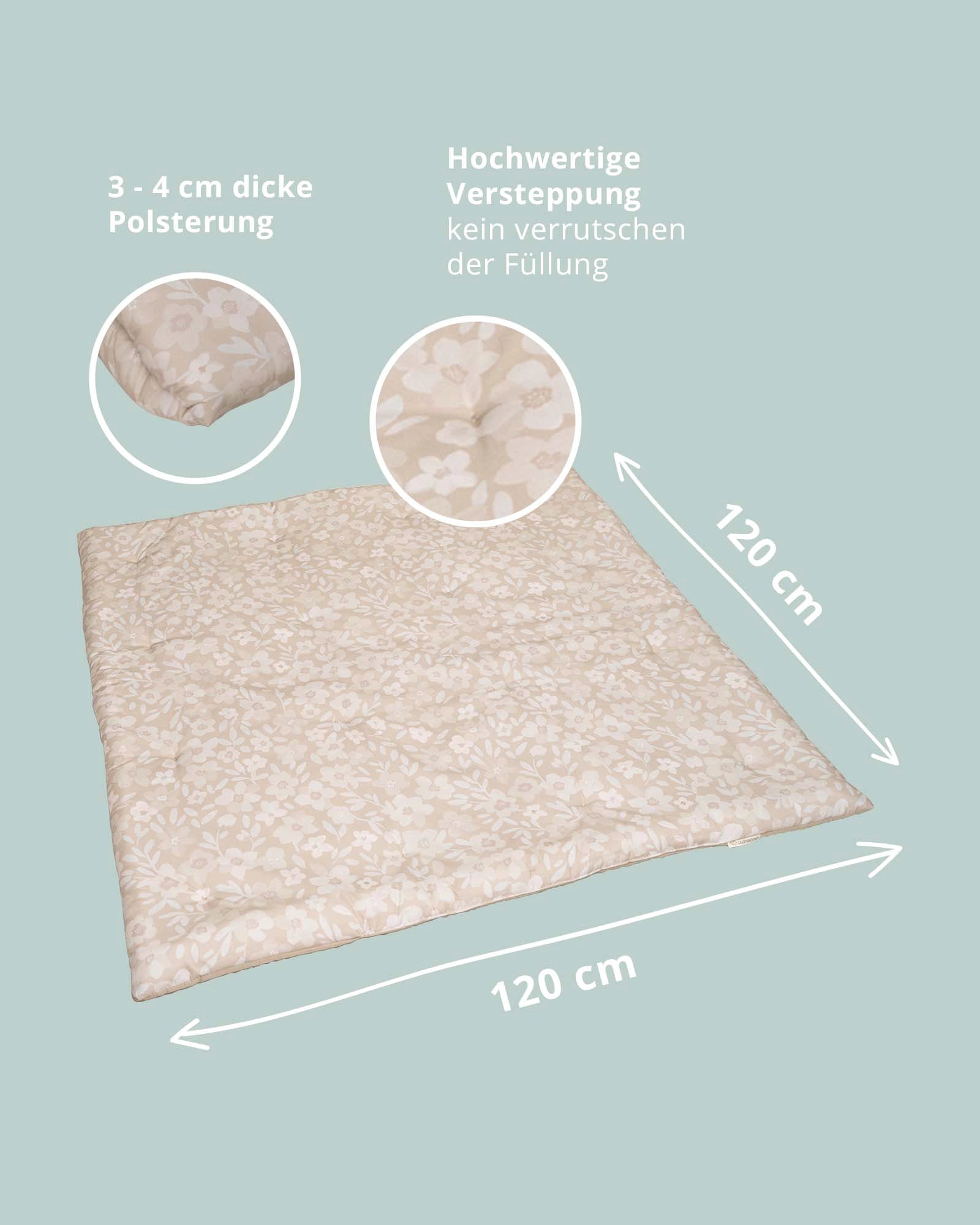 Beige baby play mat with hand-painted floral design, 120x120cm, 3-4cm thick padding.