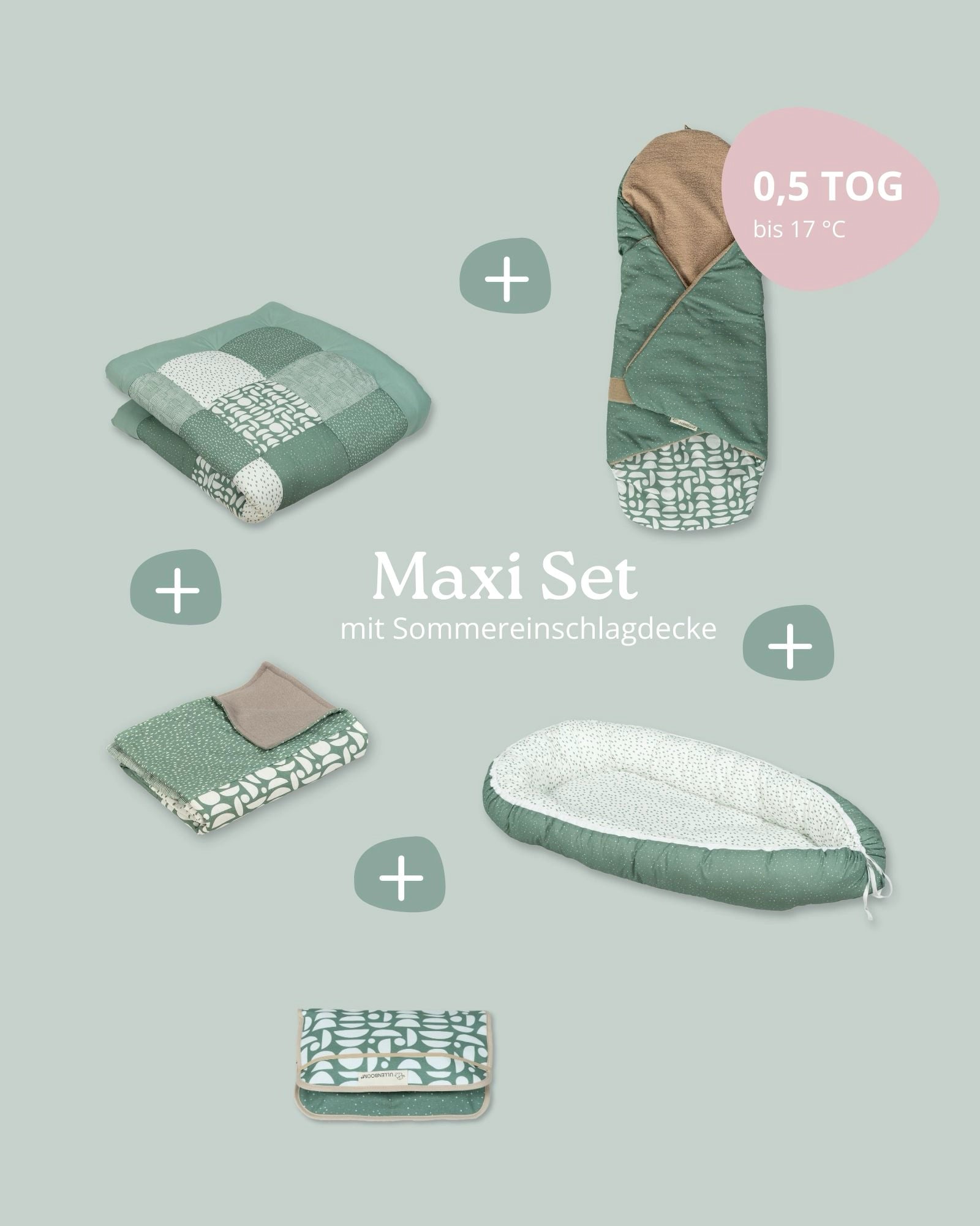 Grünes Maxi Set mit Patchwork-Babydecke, Krabbeldecke, Pucktuch und Babynestchen.