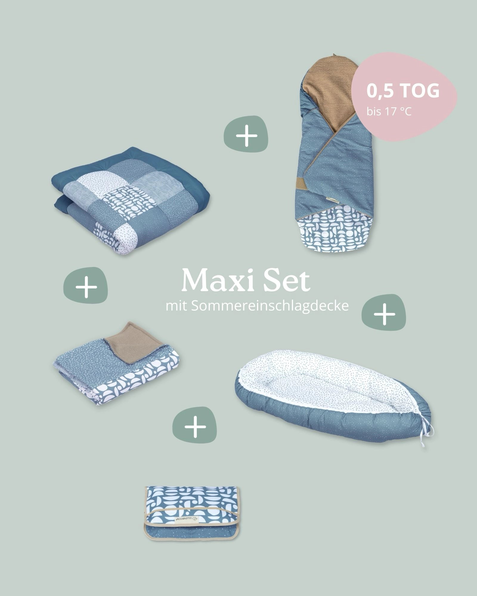 Blaues Maxi Set für Babys: Patchwork-Decke, Einschlagdecke, Krabbeldecke und Babynest aus Baumwolle.