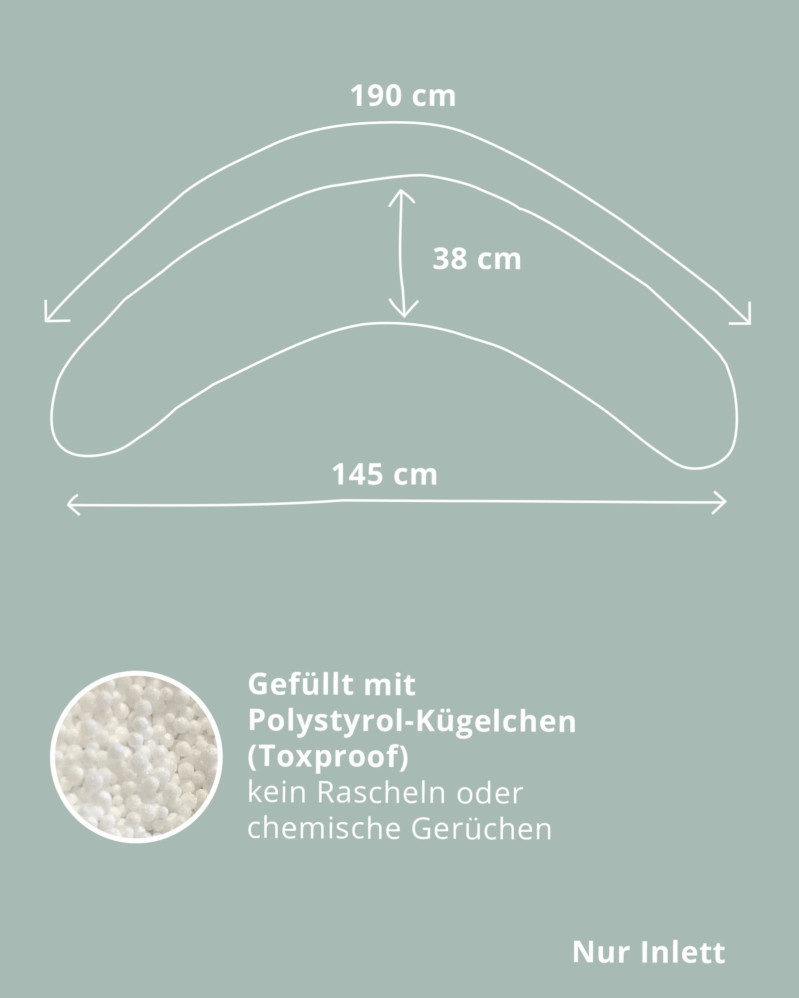 Weißes Stillkissen-Inlett mit den Maßen 190x38 cm, gefüllt mit Polystyrol-Kügelchen, auf hellgrünem Hintergrund.