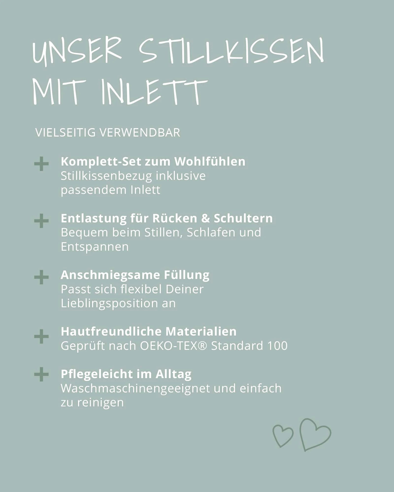 Infografik auf hellgrünem Hintergrund mit Titel "UNSER STILLKISSEN MIT INLETT" und fünf Vorteilen.