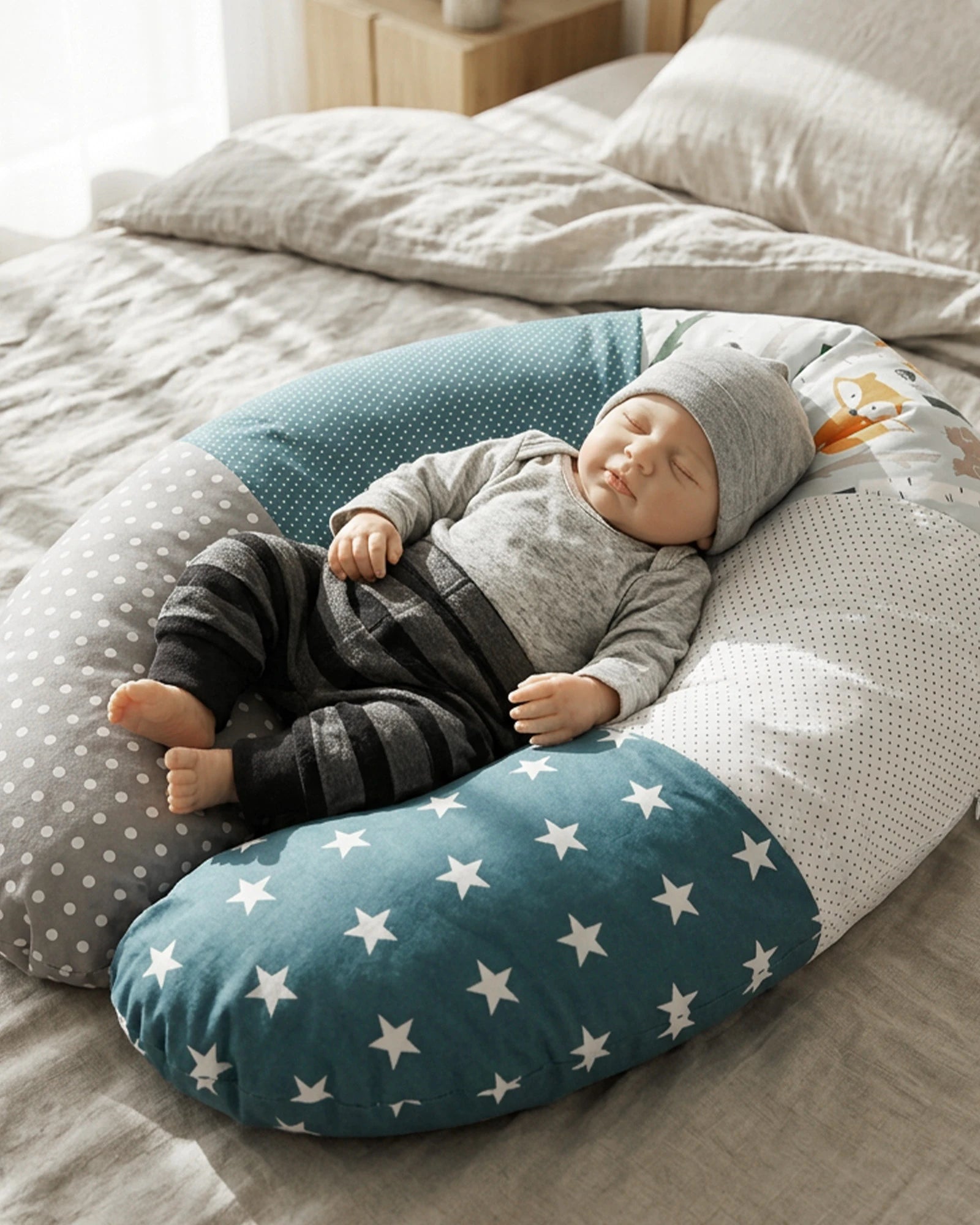 Baby schläft friedlich auf einem Stillkissen mit Waldtiere Petrol Patchwork-Design, Sternen und Punkten.