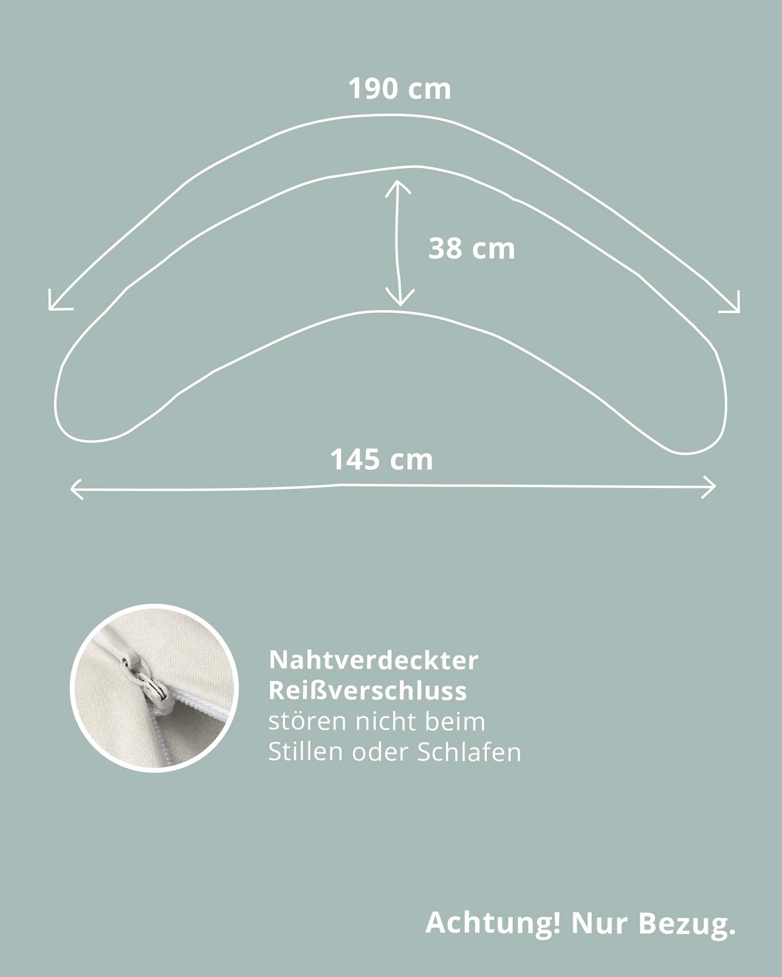 Stillkissenbezug-Maße 190x38 cm mit verstecktem Reißverschluss, ideal für Stillkissen.