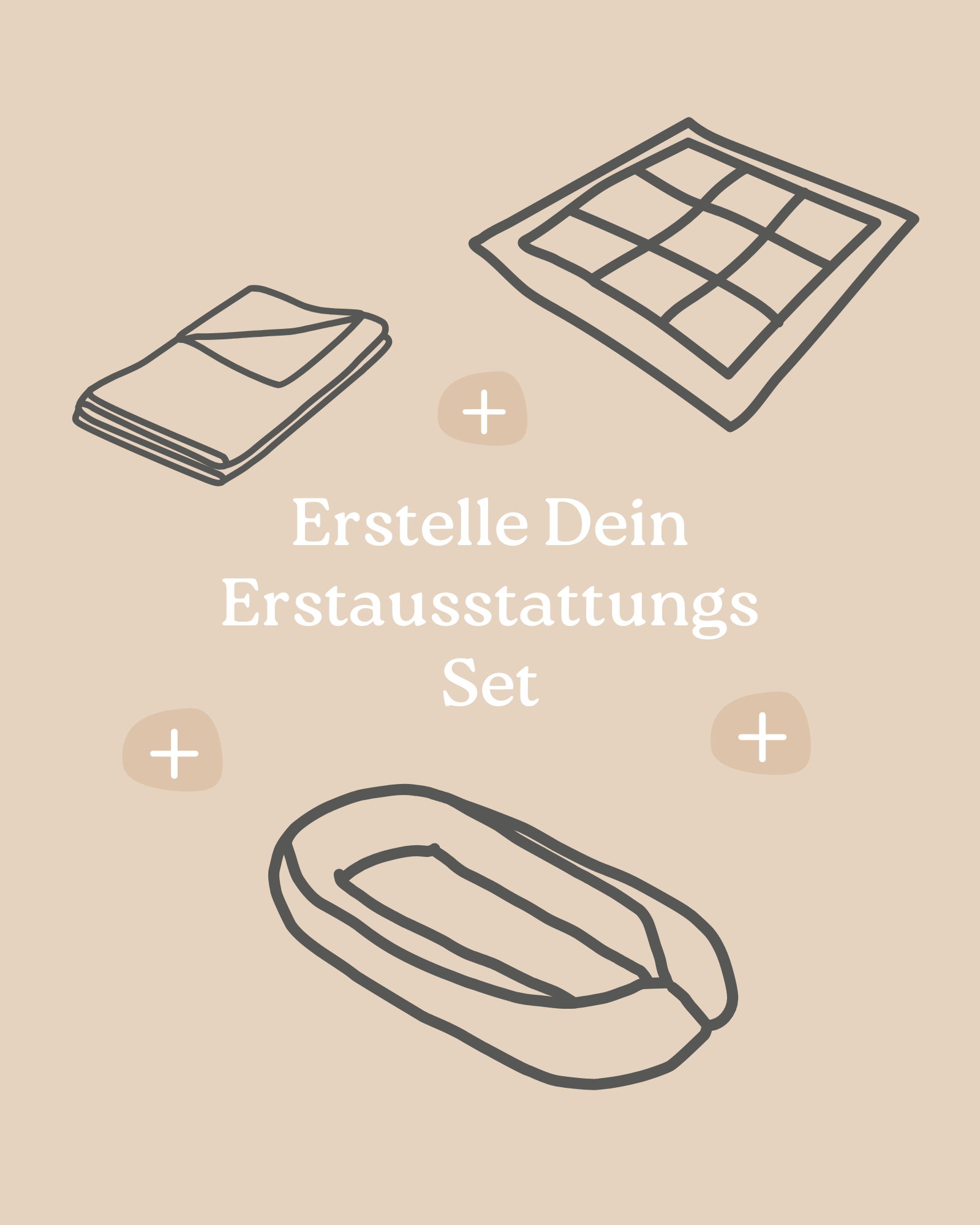 Skizzen von Babydecke, Krabbeldecke und Nestchen auf beigem Hintergrund für ein Erstausstattungs Set.