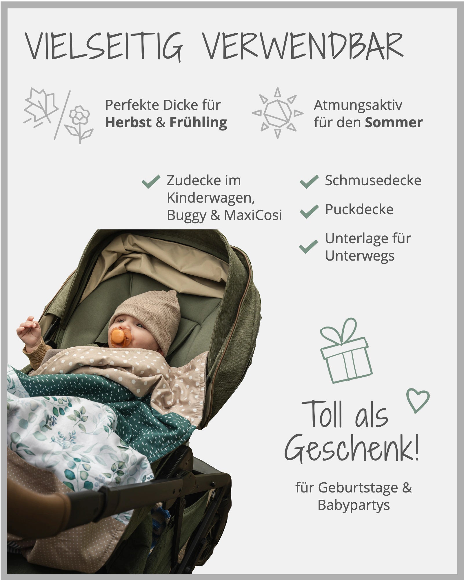 Babydecke Mint Grau mit Blumenmuster, kuschelig weich, perfekt für Babys im Kinderwagen.