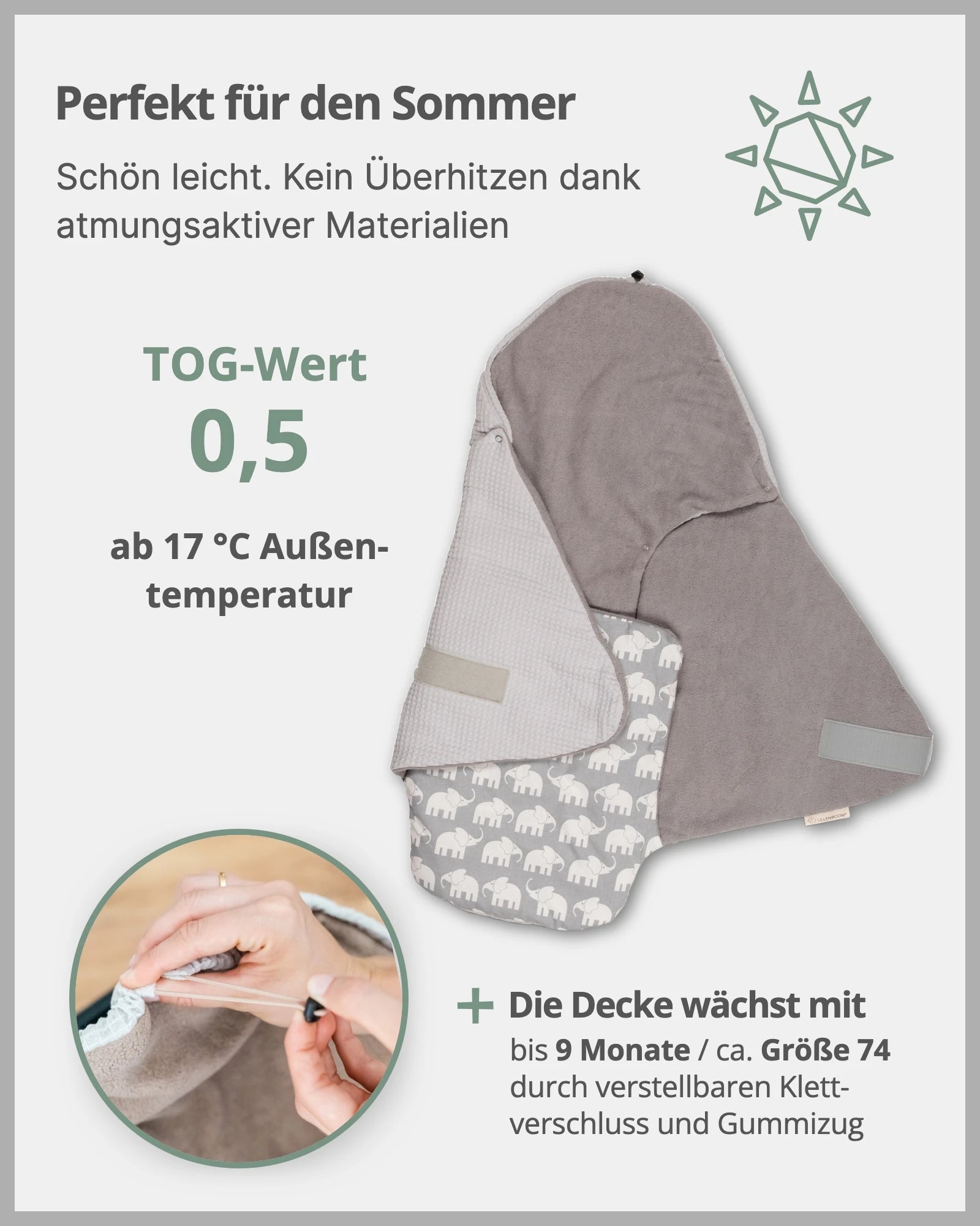 0.5 TOG Baby Einschlagdecke für den Sommer - Waffelpiqué Motiv Grau Elefant