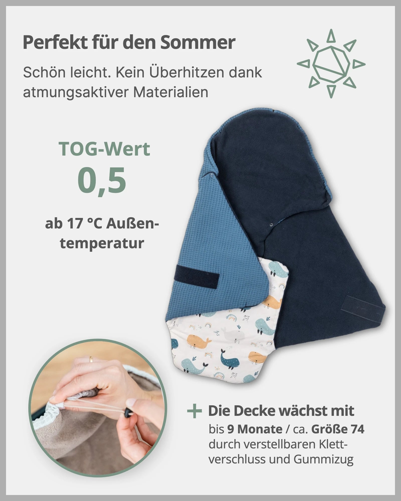 0.5 TOG Baby Einschlagdecke für den Sommer - Waffelpiqué Motiv Blau Wale