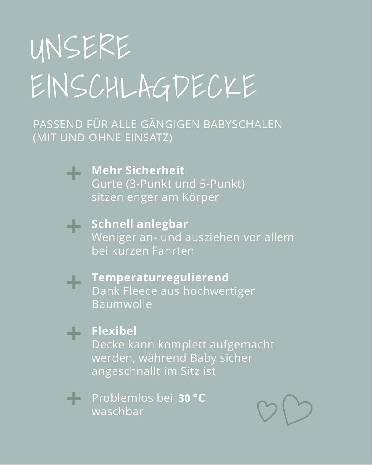 Vorteile der Einschlagdecke: mehr Sicherheit, schnell anlegbar, temperaturregulierend, bei 30 °C waschbar