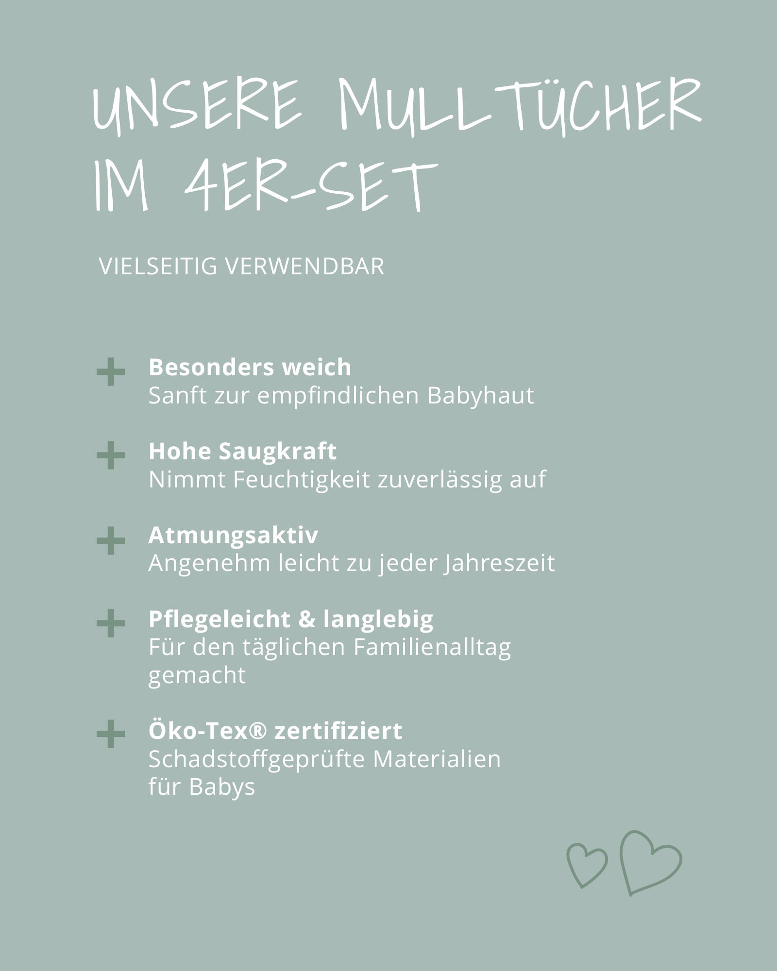 Vorteile der ULLENBOOM Mulltücher: besonders weich, hohe Saugkraft, atmungsaktiv, pflegeleicht, Öko-Tex zertifiziert