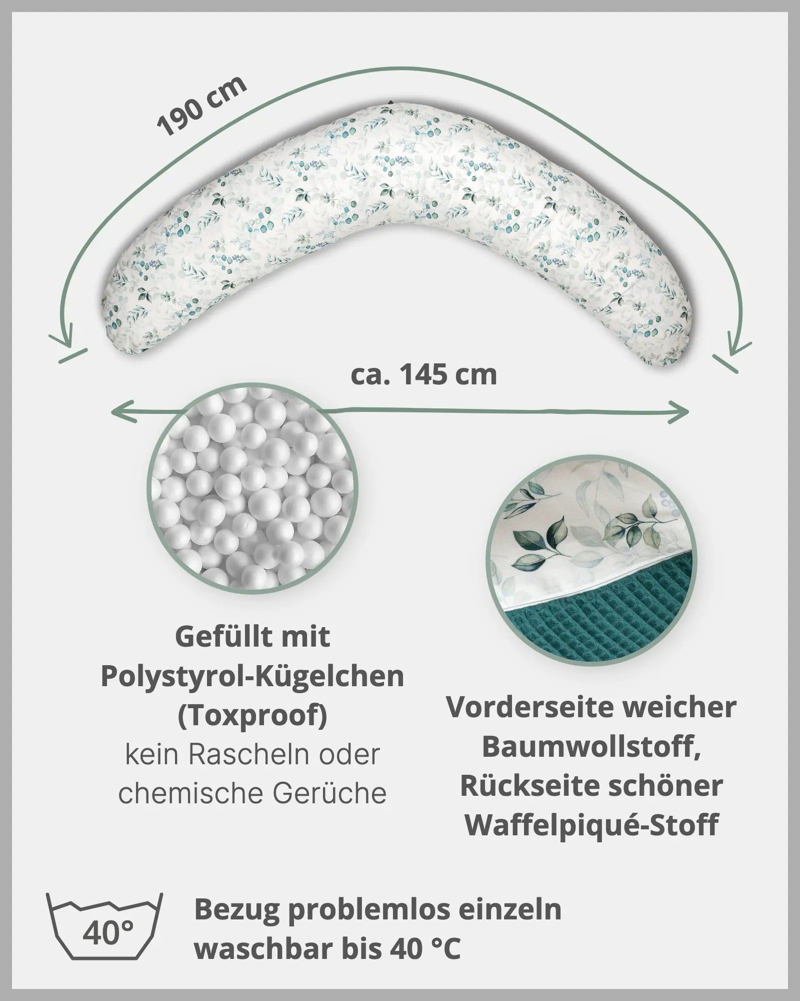 190 cm Stillkissen Eukalyptus Petrol-190 cm Große Stillkissen-ULLENBOOM Baby