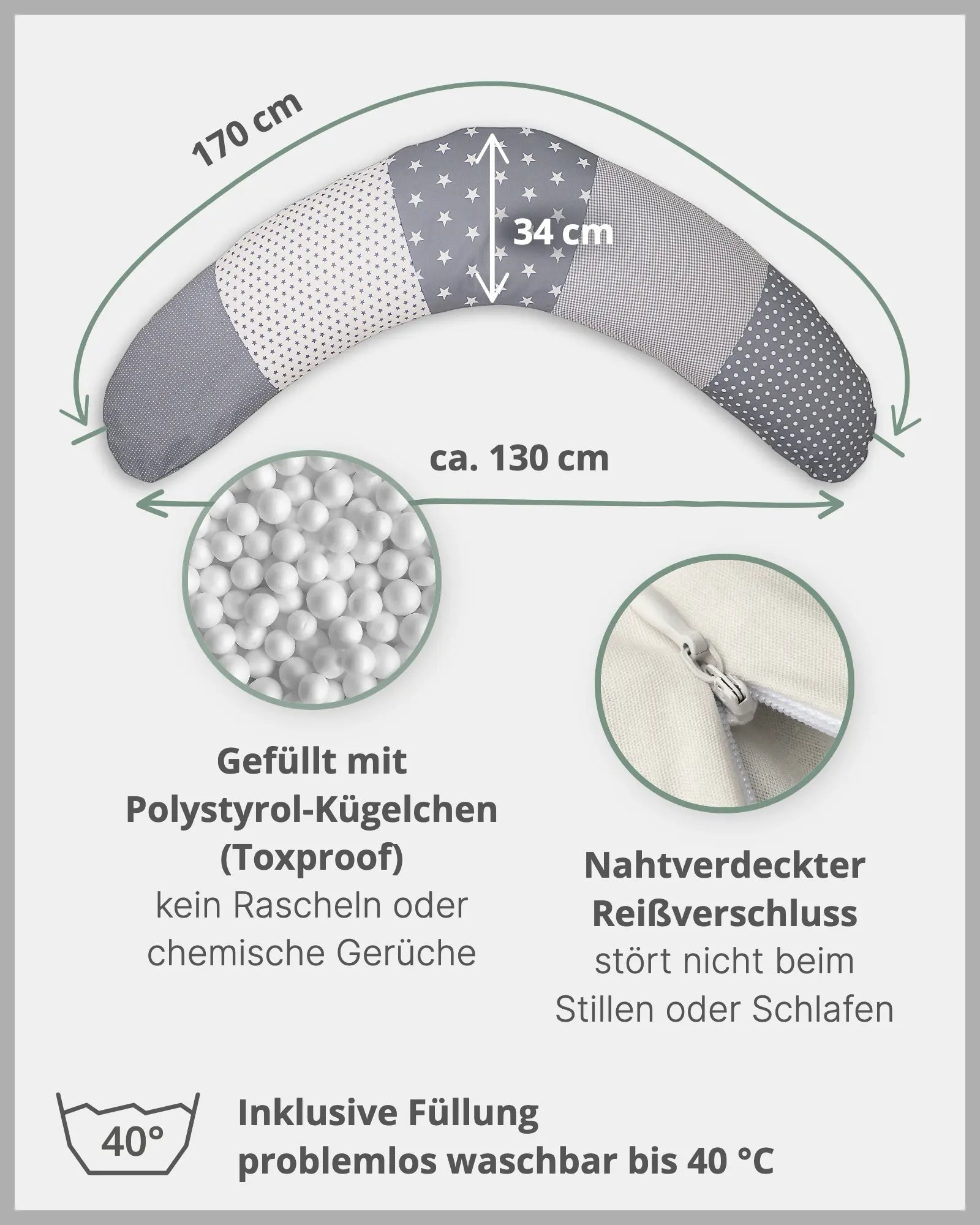 170 cm Kleines Stillkissen GRAUE STERNE-ULLENBOOM Baby