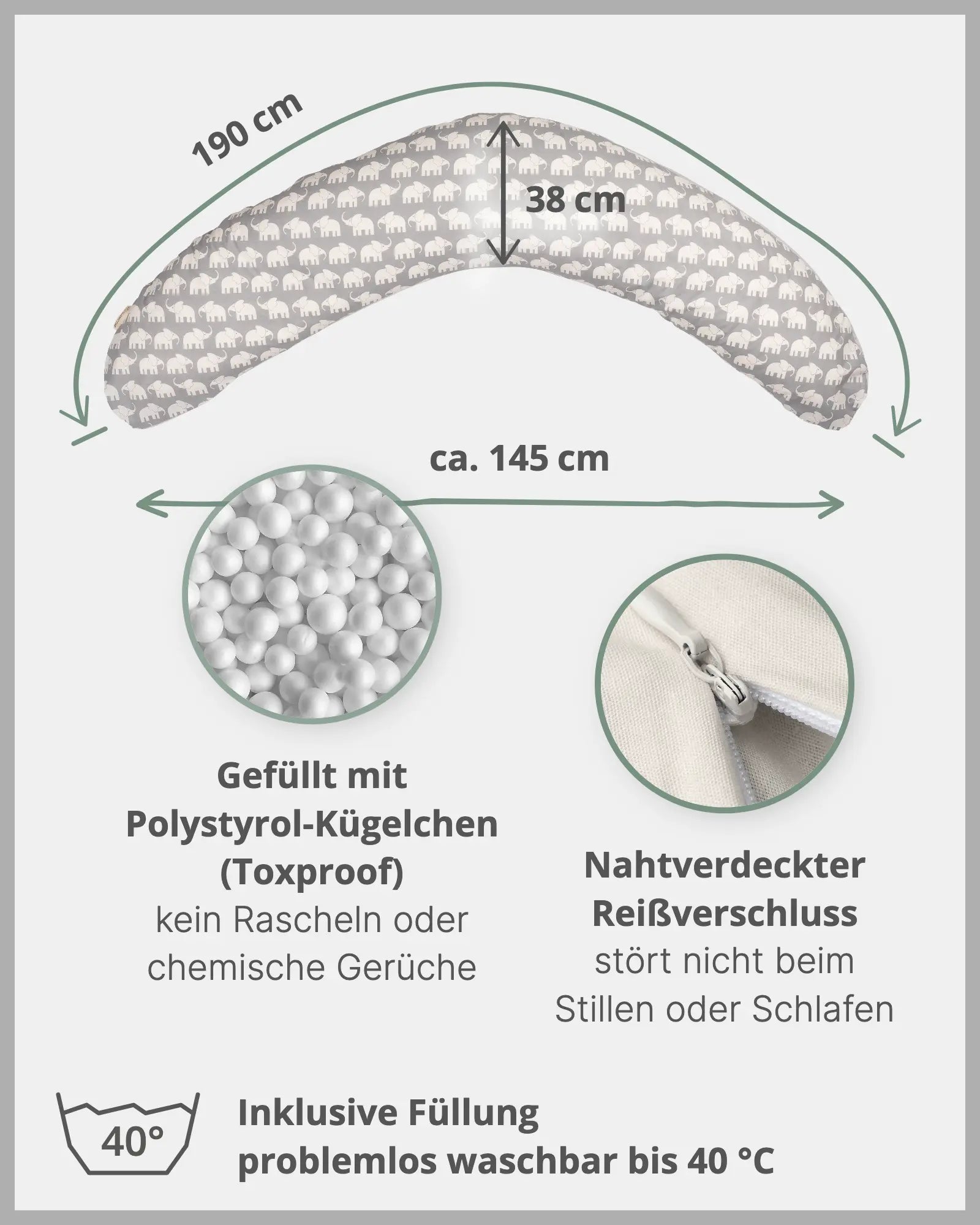 190 cm Stillkissen GRAU ELEFANT-ULLENBOOM Baby