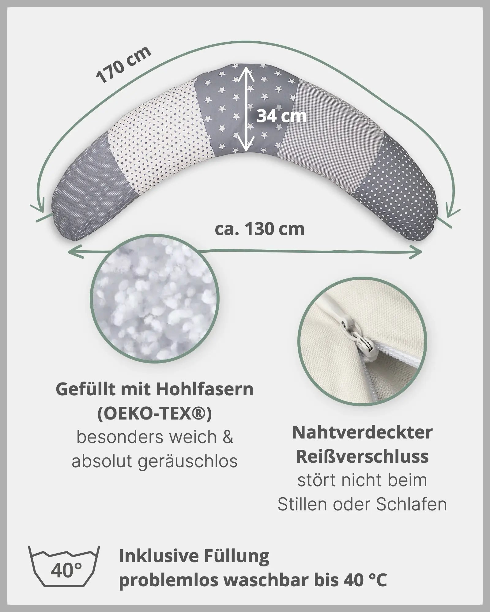 170 cm Kleines Stillkissen GRAUE STERNE-ULLENBOOM Baby