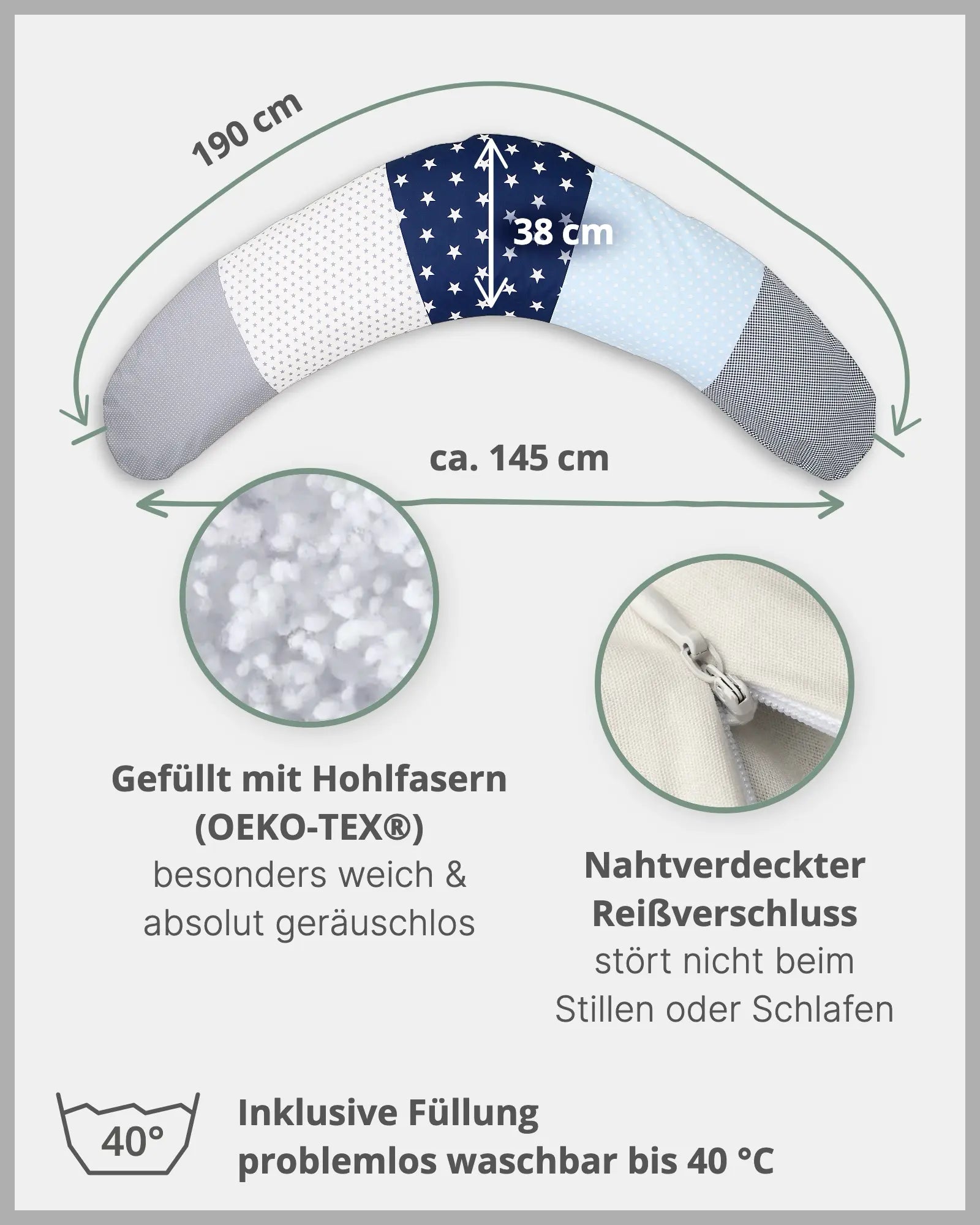 190 cm Stillkissen Blau Hellblau Grau