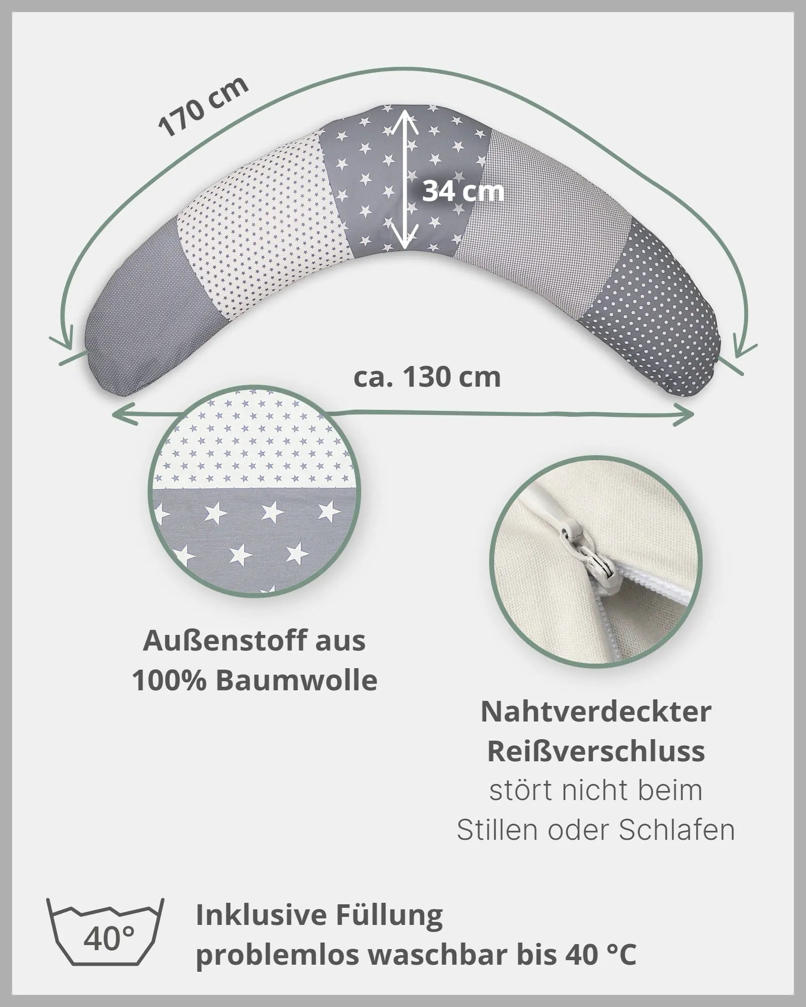 170 cm Kleines Stillkissen GRAUE STERNE-ULLENBOOM Baby