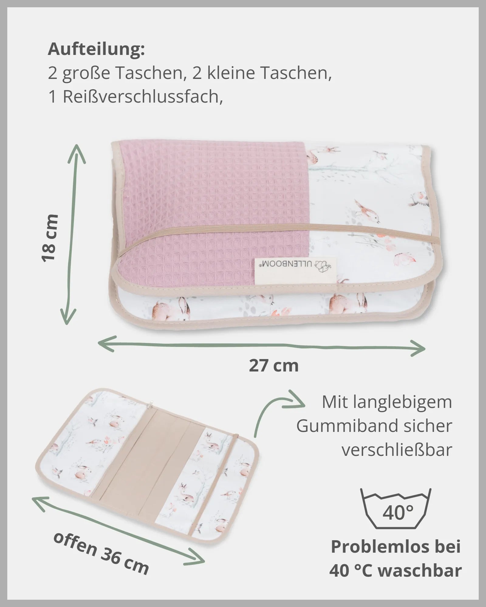 Windeltasche MÄRCHENWALD-beige, handmade, Märchenwald, NEU, organizer, Patchwork, unterwegs, Waffelpiqué Motiv, windelbeutel, windelmappe, Windeltasche_ULLENBOOM® Baby