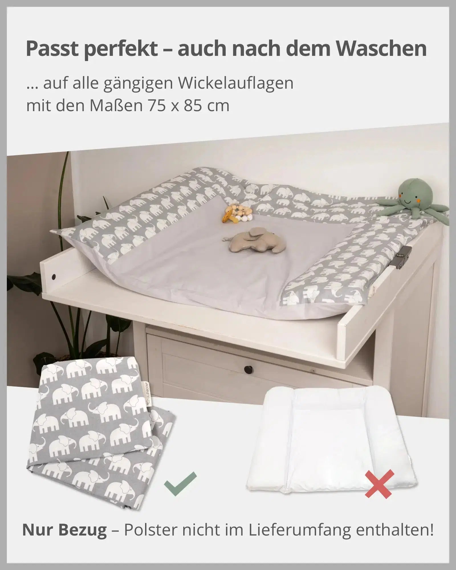 Wickelauflagen-Bezug GRAU ELEFANT-ULLENBOOM Baby-75 x 85 cm-ULLENBOOM Baby