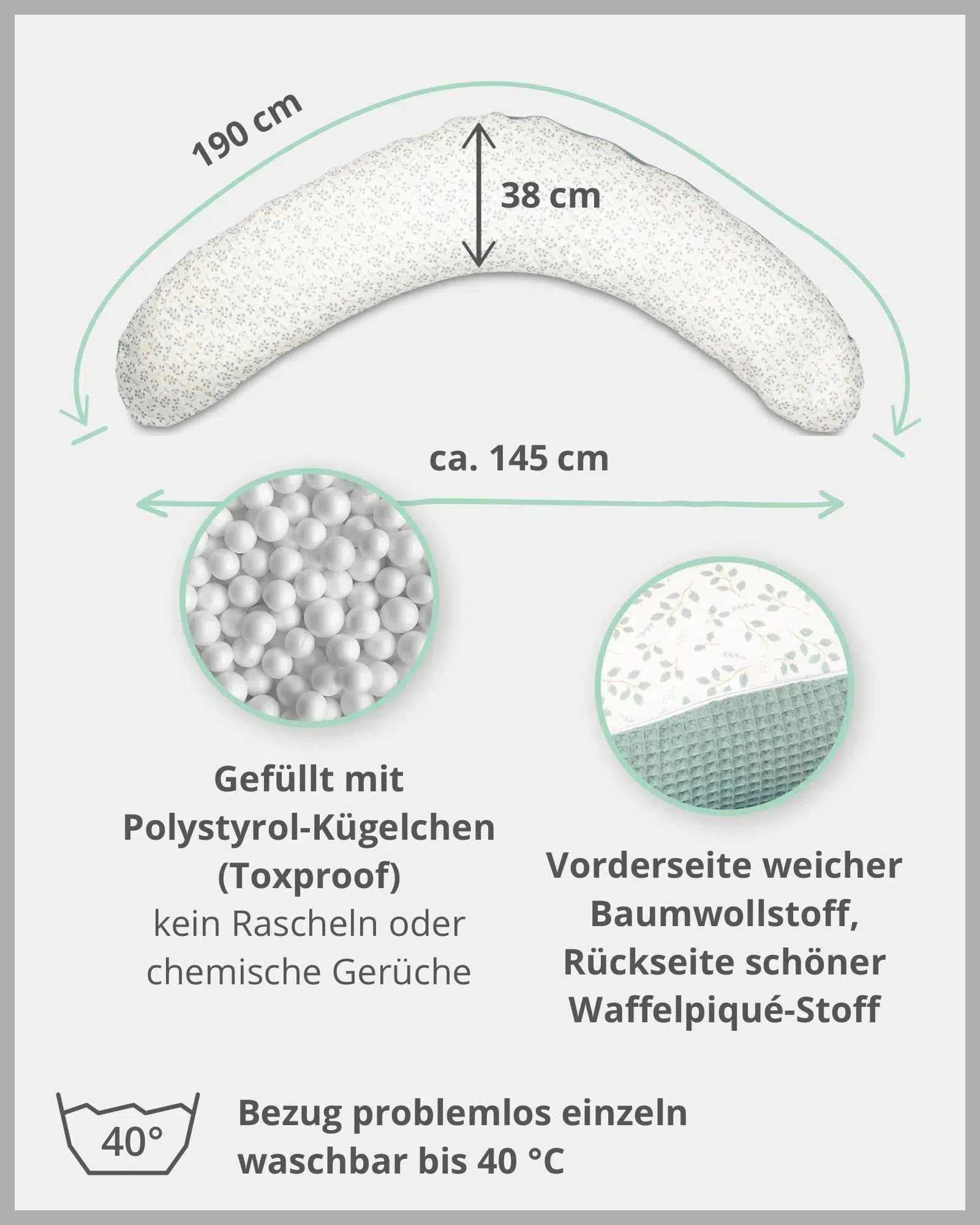 Stillkissen Waffelpiqué Motiv FLORAL GRÜN-ULLENBOOM-190 x 38 cm-Stillkissenbezug mit EPS-Perlen-Inlett-ULLENBOOM Baby