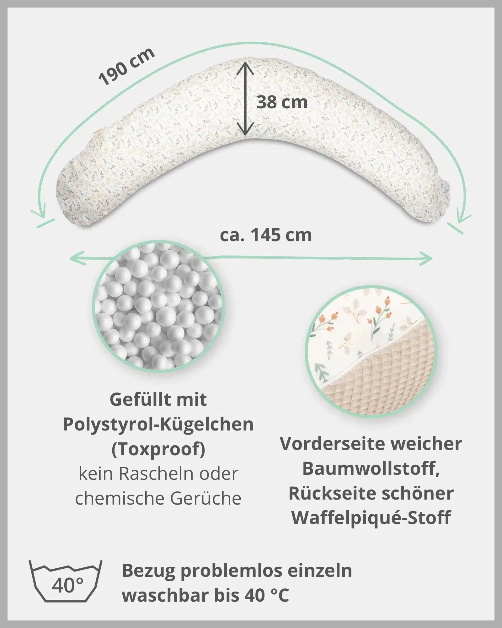 Stillkissen Waffelpiqué Motiv FLORAL SAND-ULLENBOOM-190 x 38 cm-Stillkissenbezug mit EPS-Perlen-Inlett-ULLENBOOM Baby