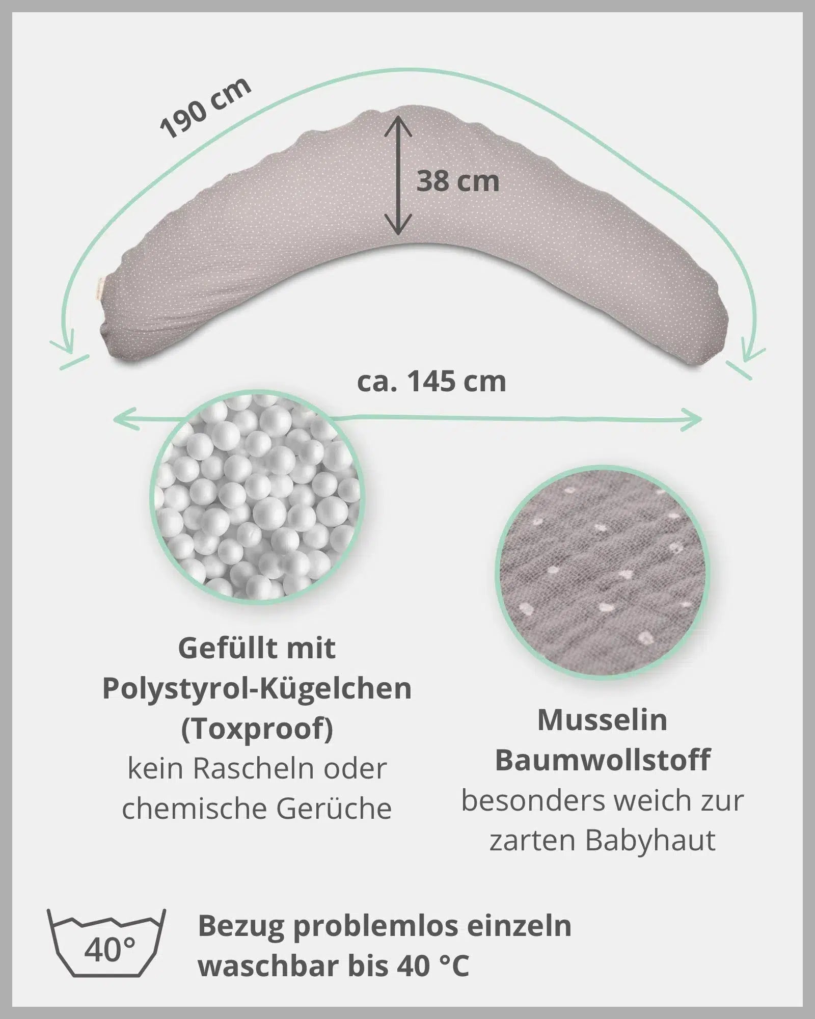 Stillkissen Musselin GRAU-ULLENBOOM-190 x 38 cm-Stillkissenbezug mit EPS-Perlen-Inlett-ULLENBOOM Baby