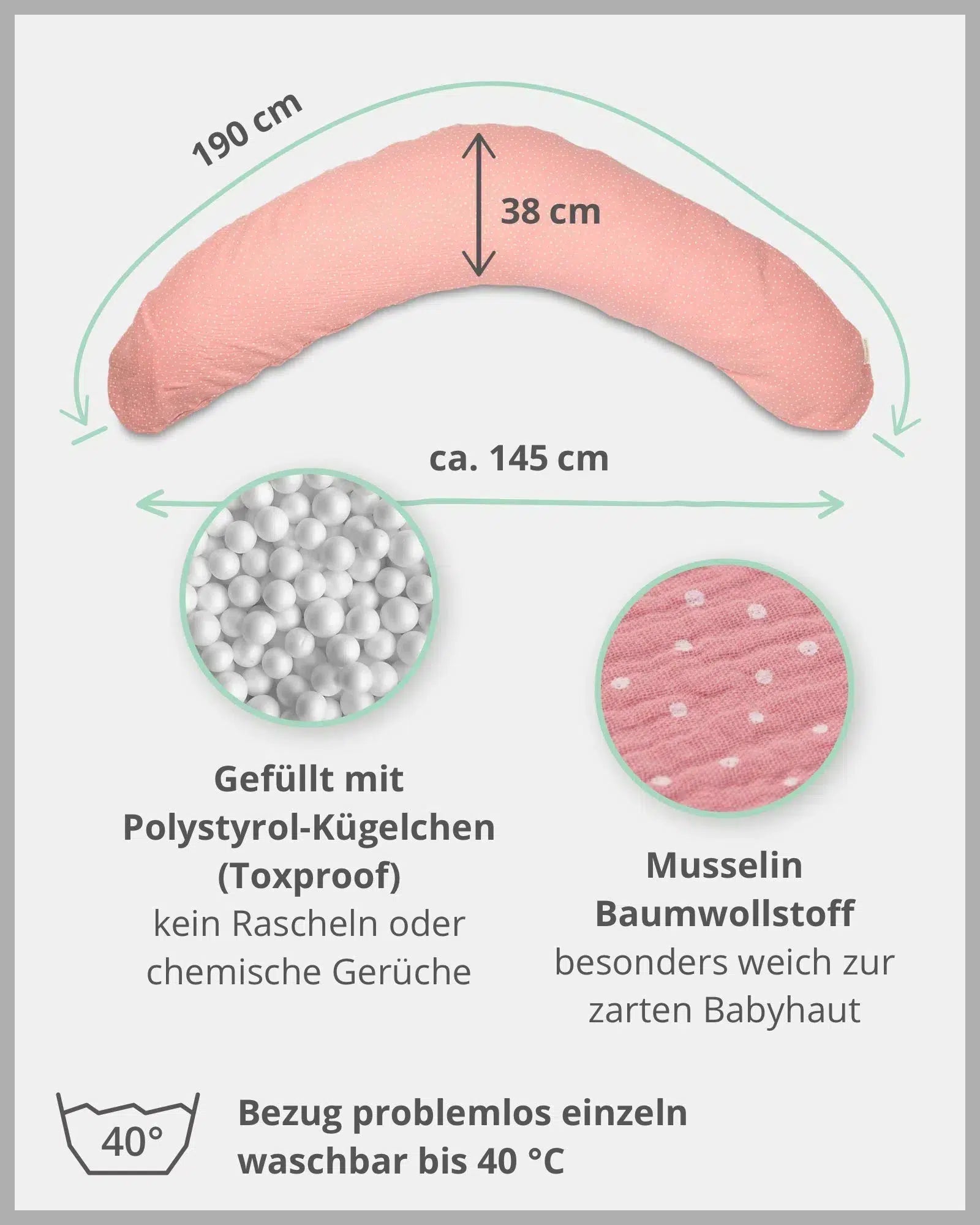 Stillkissen Musselin ROSA-ULLENBOOM-190 x 38 cm-Stillkissenbezug mit EPS-Perlen-Inlett-ULLENBOOM Baby