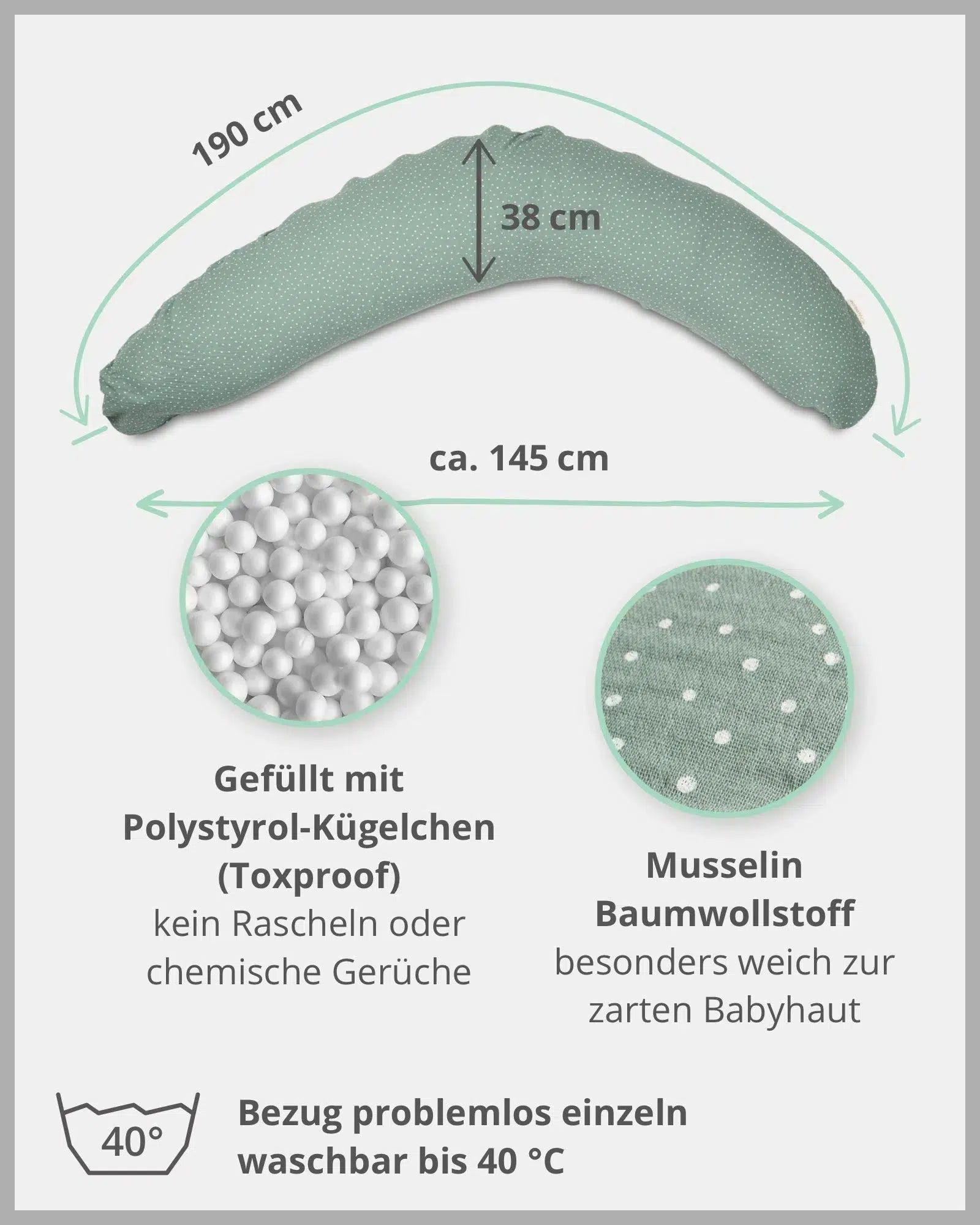 Stillkissen Musselin SALBEIGRÜN-ULLENBOOM-190 x 38 cm-Stillkissenbezug mit EPS-Perlen-Inlett-ULLENBOOM Baby