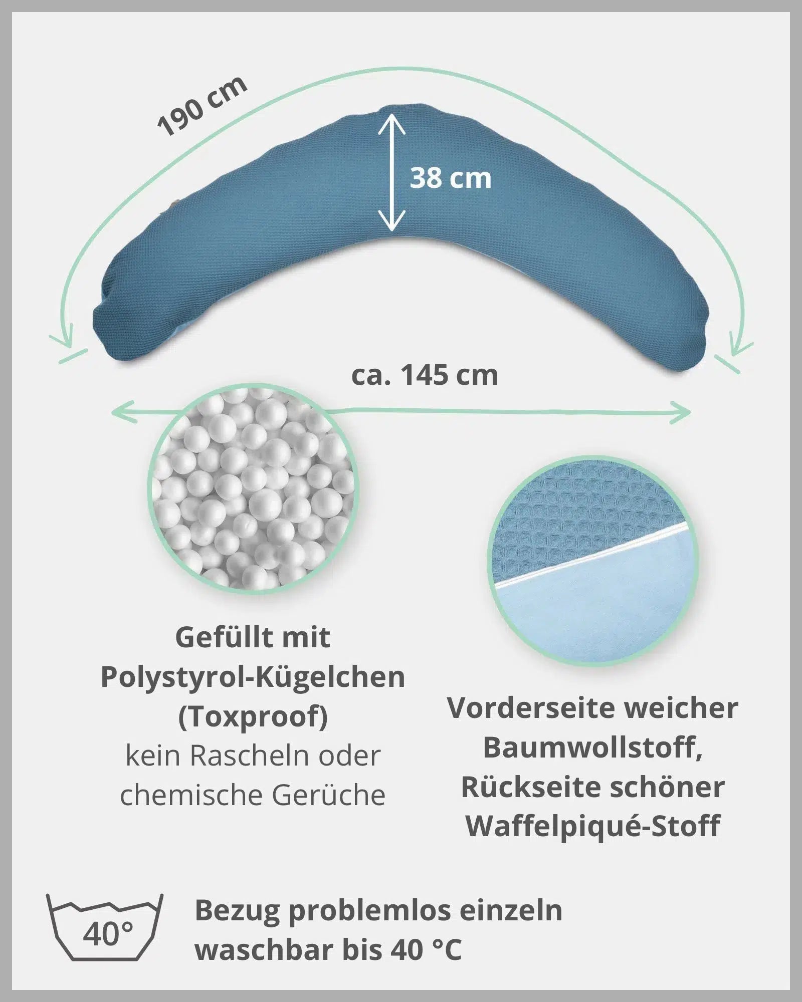 Stillkissen Waffelpiqué BLAU-ULLENBOOM-190 x 38 cm-Stillkissenbezug mit EPS-Perlen-Inlett-ULLENBOOM Baby