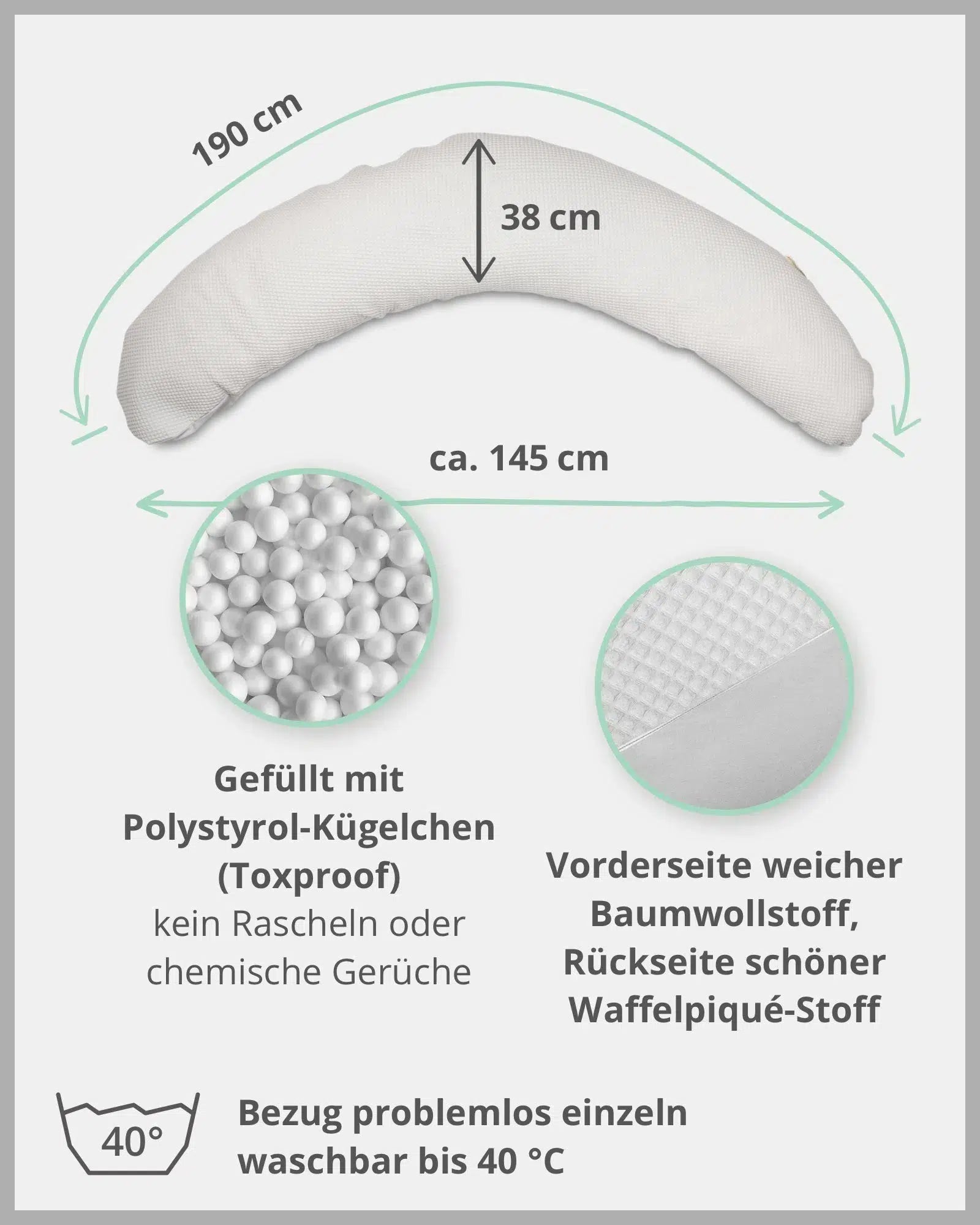 Stillkissen Waffelpiqué GRAU-ULLENBOOM-190 x 38 cm-Stillkissenbezug mit EPS-Perlen-Inlett-ULLENBOOM Baby