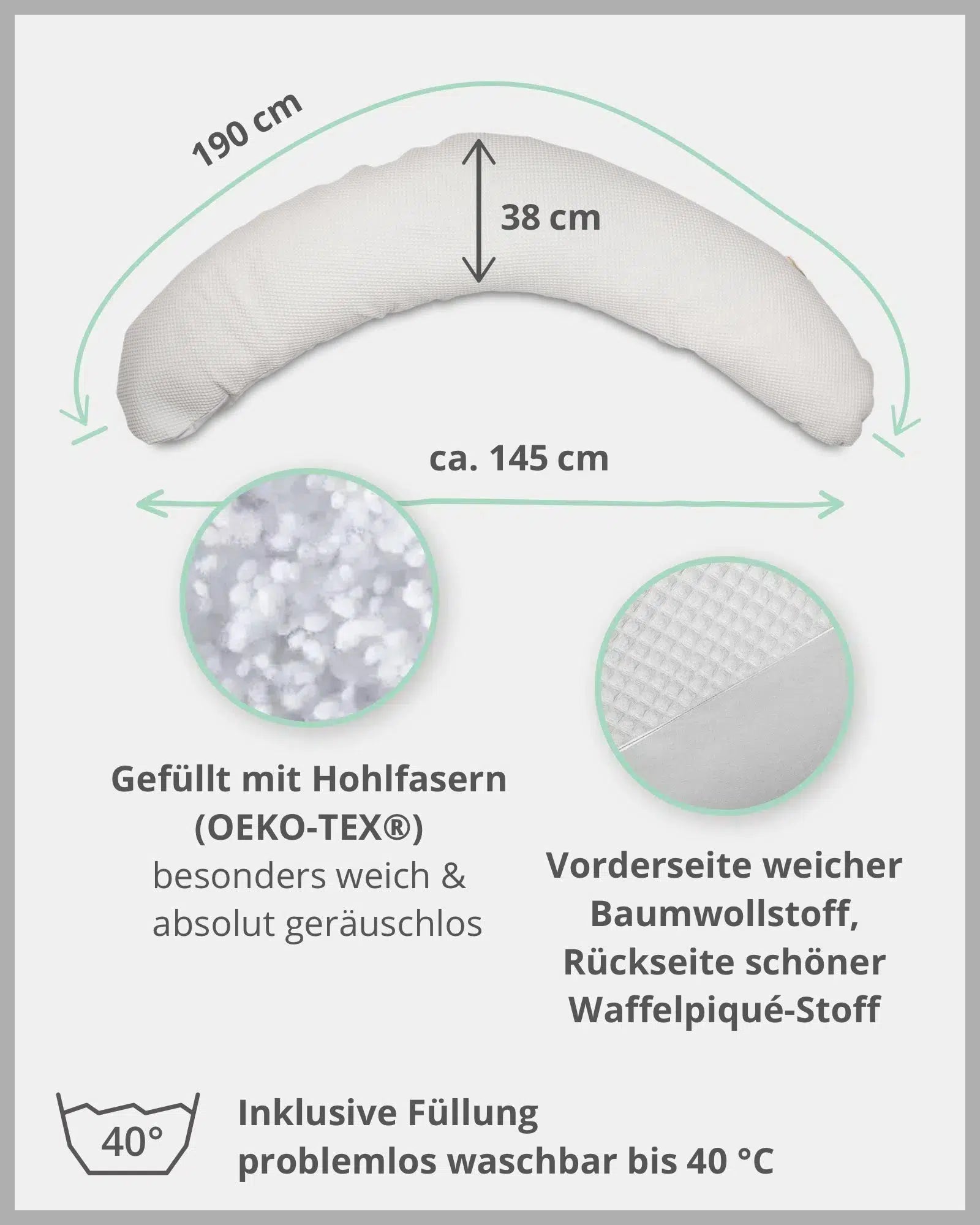 Stillkissen Waffelpiqué GRAU-ULLENBOOM-190 x 38 cm-Stillkissenbezug mit Faserbällchen-Inlett-ULLENBOOM Baby