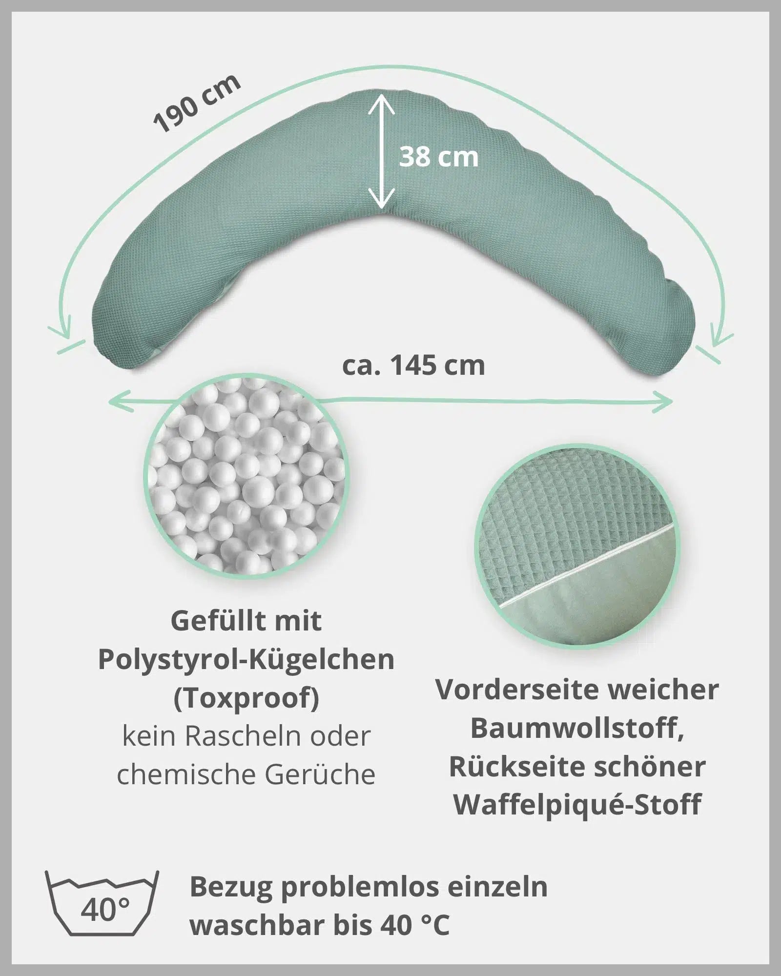 Stillkissen Waffelpiqué SALBEIGRÜN-ULLENBOOM-190 x 38 cm-Stillkissenbezug mit EPS-Perlen-Inlett-ULLENBOOM Baby