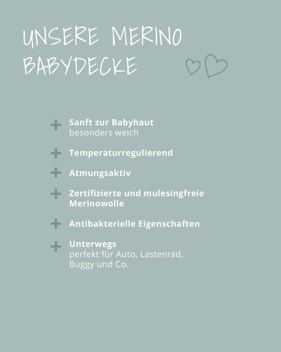 Text overlay on a sage green background listing features of a merino baby blanket.