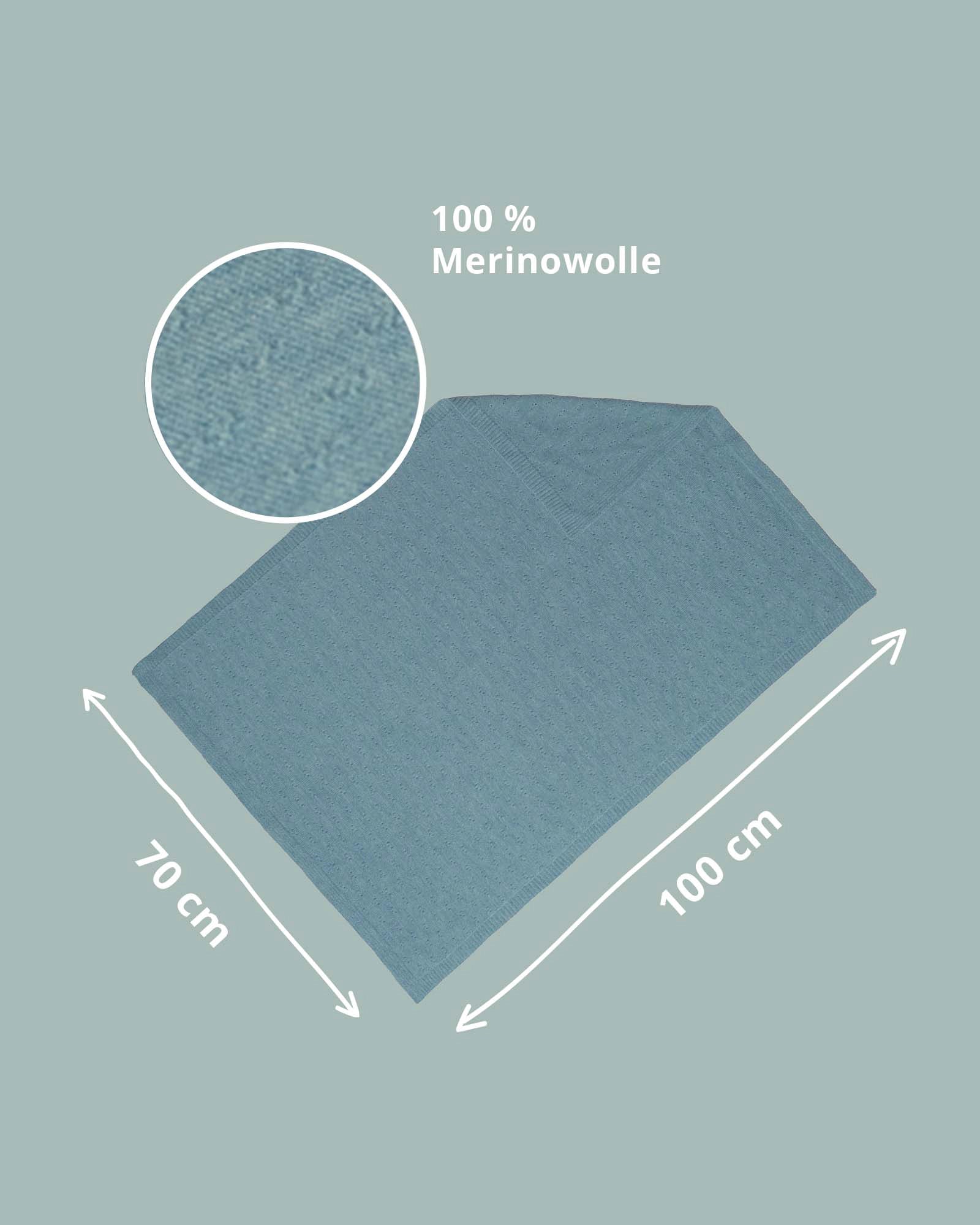 Soft turquoise merino wool baby blanket, 70x100 cm, with visible knit texture.