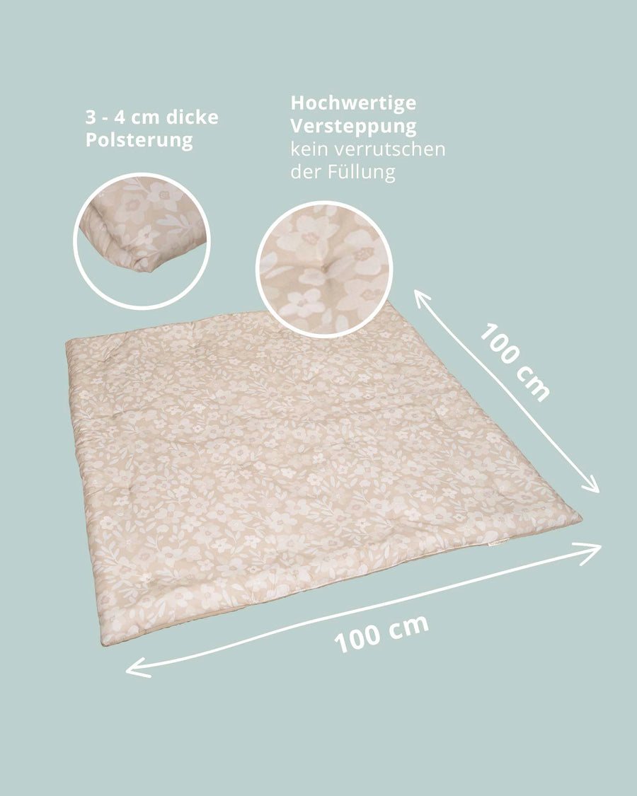 Beige baby play mat with delicate white floral pattern, 100x100cm, 3-4cm thick, quilted cotton.