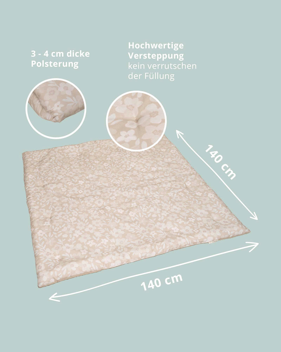 Beige baby play mat with hand-painted floral design, 140x140 cm, thick padding, and quilted finish.