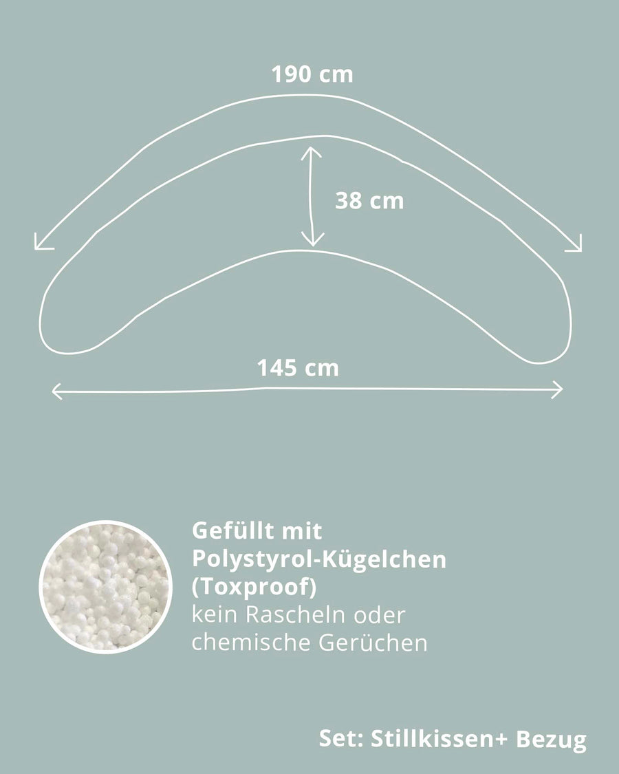 Diagram of a 190x38 cm U-shaped nursing pillow with EPS bead filling.