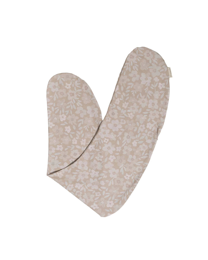 Beige cotton nursing pillow cover with delicate hand-painted floral and leaf pattern.