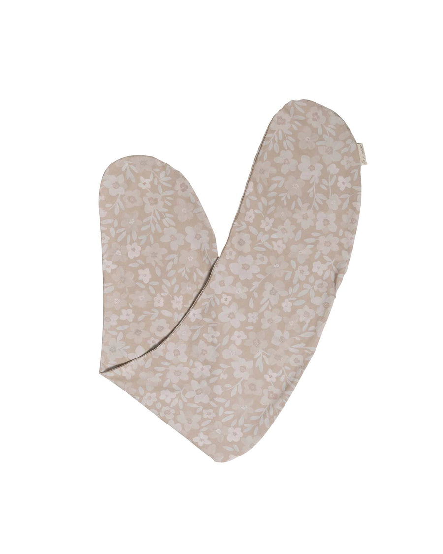 Beige cotton nursing pillow cover with delicate hand-painted floral and leaf pattern.