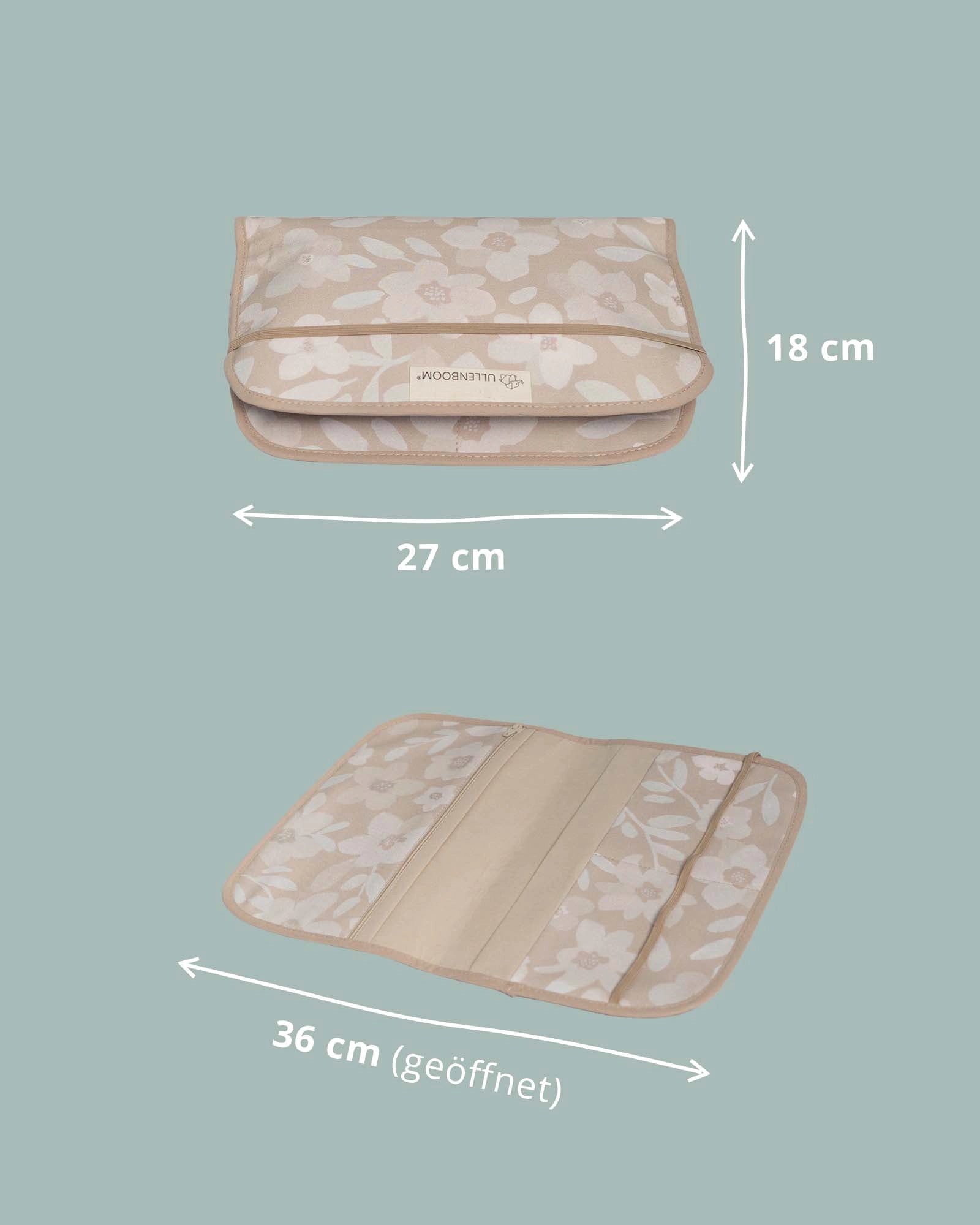 Foldable beige cotton diaper clutch with delicate white floral pattern, 36x27cm open, 18x27cm folded.