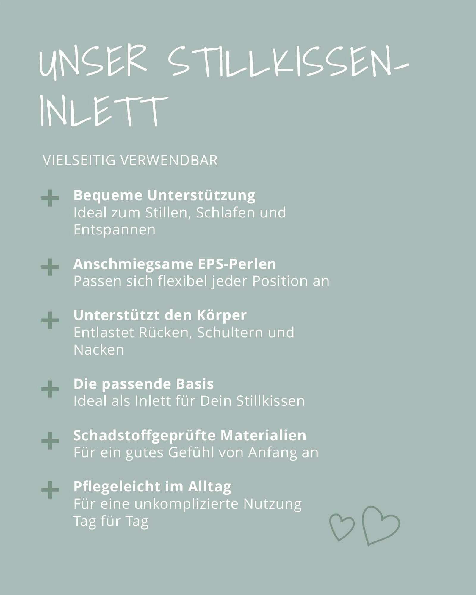 Textgrafik mit "UNSER STILLKISSEN-INLETT" als Überschrift und sechs Vorteilen in grüner Schrift auf hellblauem Hintergrund.