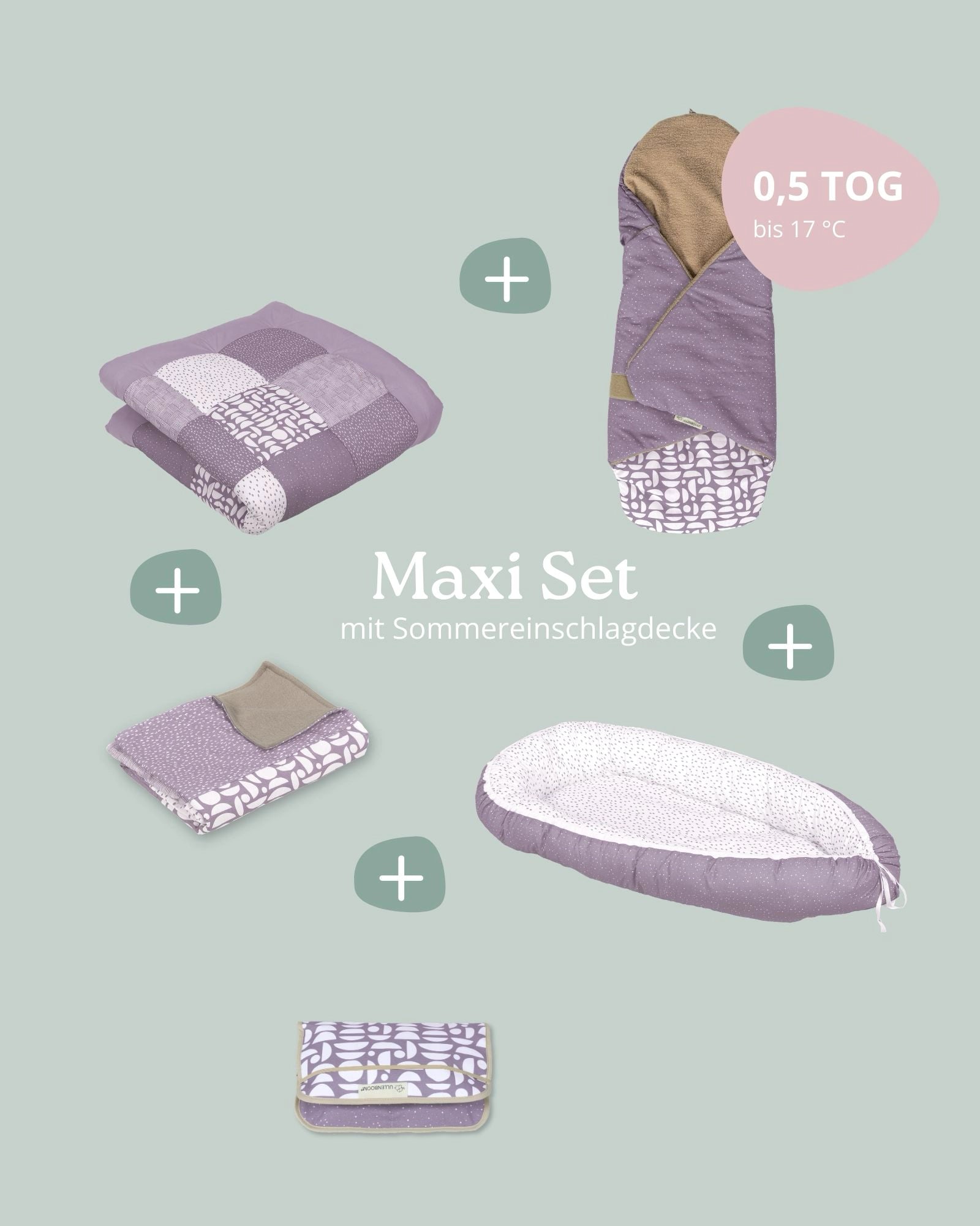 Lila Maxi Set mit Patchwork Babydecke, Krabbeldecke, Babynestchen und Wickelunterlage.