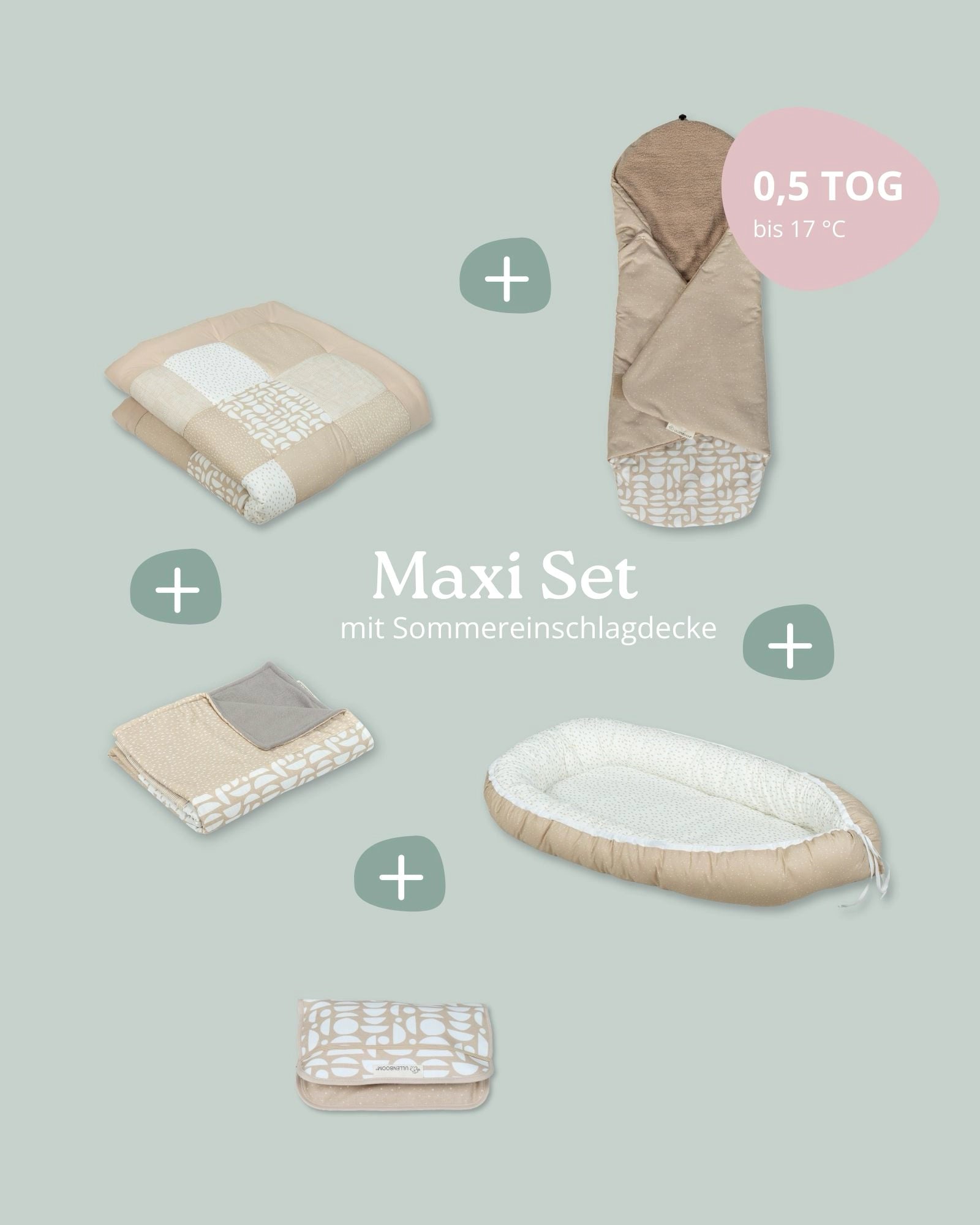 Maxi Set Classic Sand: Patchwork Babydecke, Krabbeldecke, Babynest & Sommerschlafsack in Beige.
