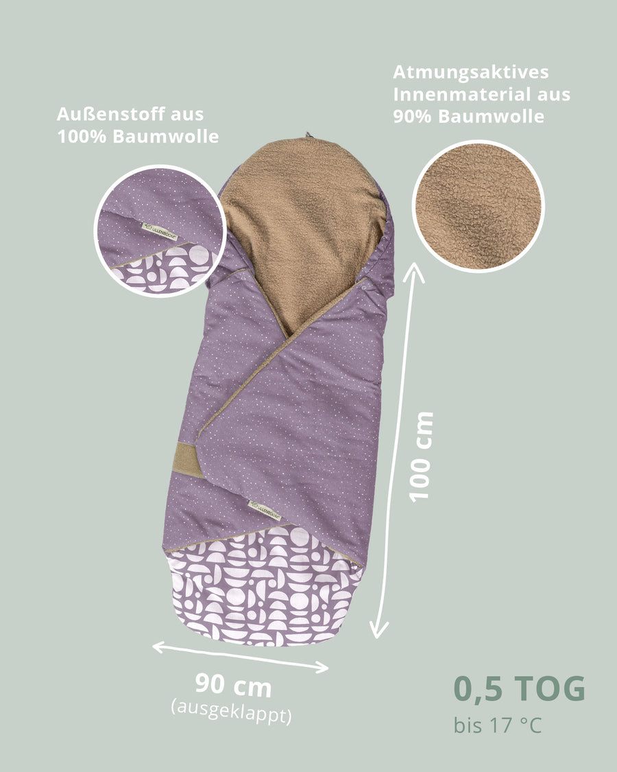 Purple baby wrap blanket with white pattern, soft brown fleece lining, 100cm long, 90cm wide.