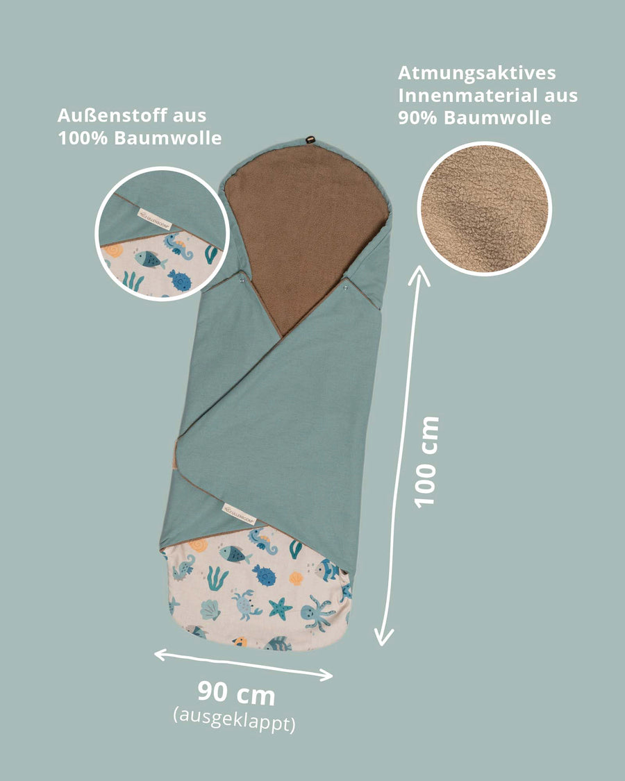 Baby Einschlagdecke in Türkis und Beige mit Unterwasserwelt-Muster, 100% Baumwolle, 100x90cm.
