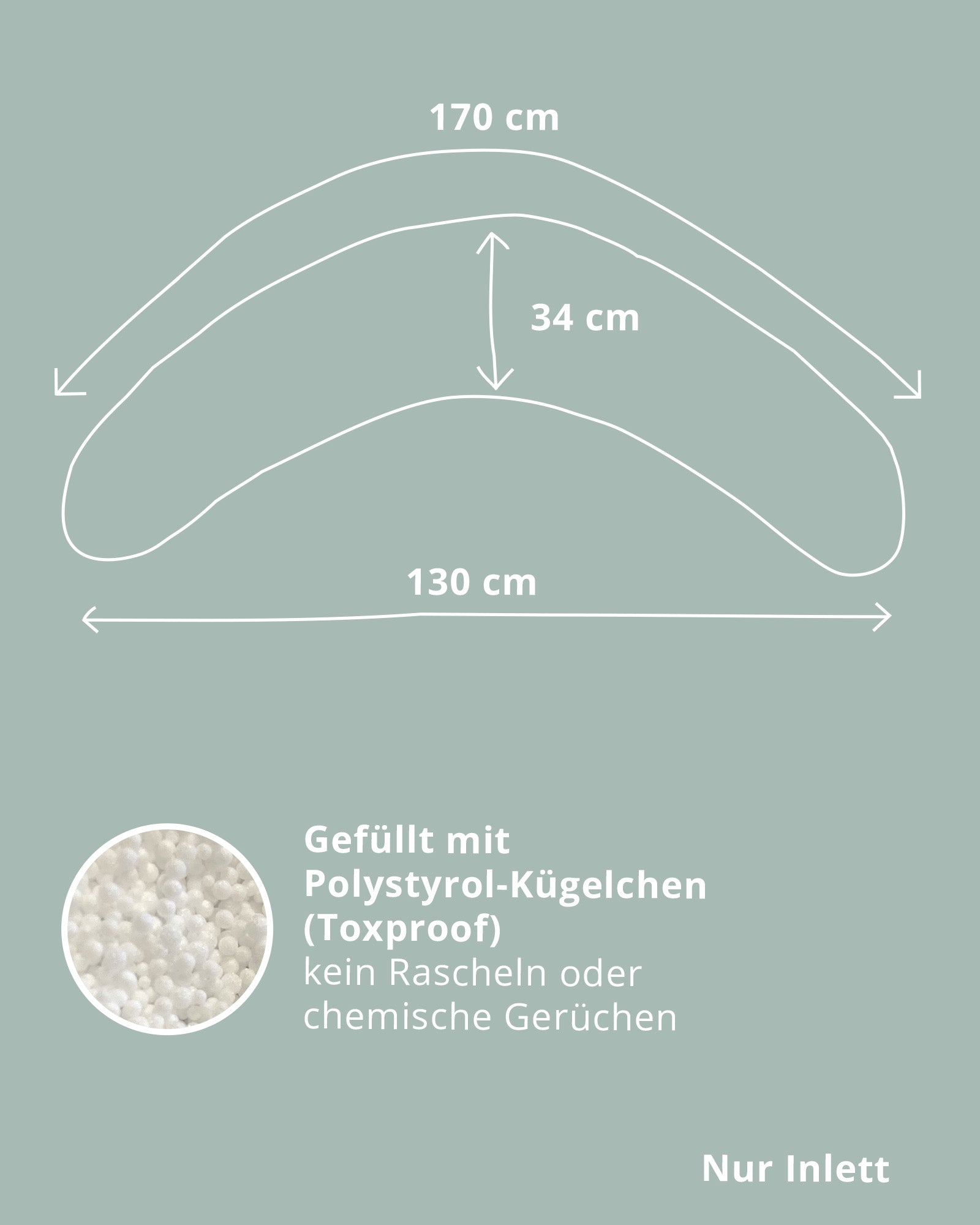 Weißes Stillkissen-Inlett mit EPS-Perlen-Füllung und Maßen 170x34 cm, auf hellgrünem Hintergrund.