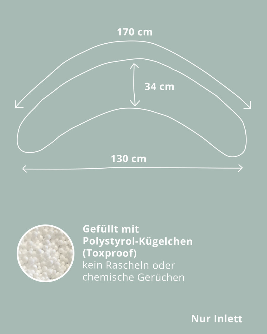 Weißes Stillkissen-Inlett mit EPS-Perlen-Füllung und Maßen 170x34 cm, auf hellgrünem Hintergrund.