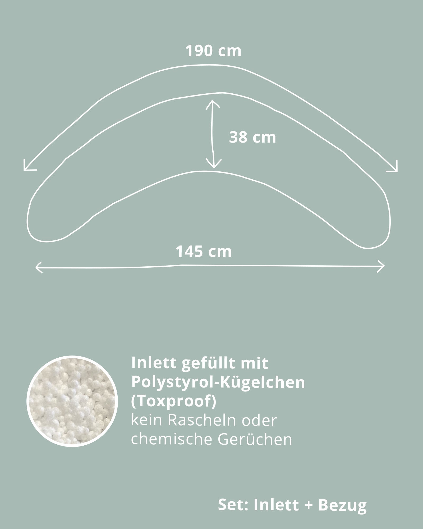 Stillkissen-Set in Mint mit Maßen 190x38 cm und Inlett gefüllt mit geräuscharmen Polystyrol-Kügelchen.
